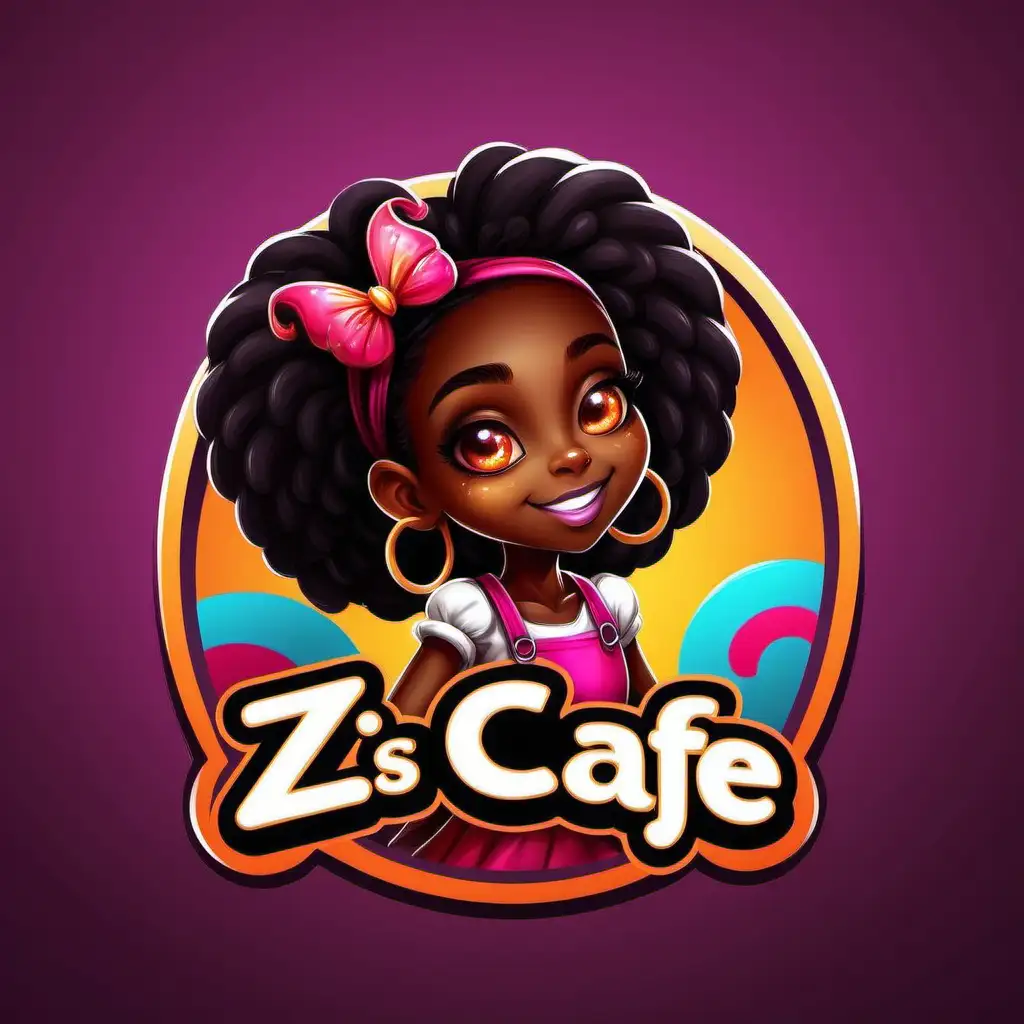  Create colorful fantasy style little black girl character logo for "Z's Cafe"