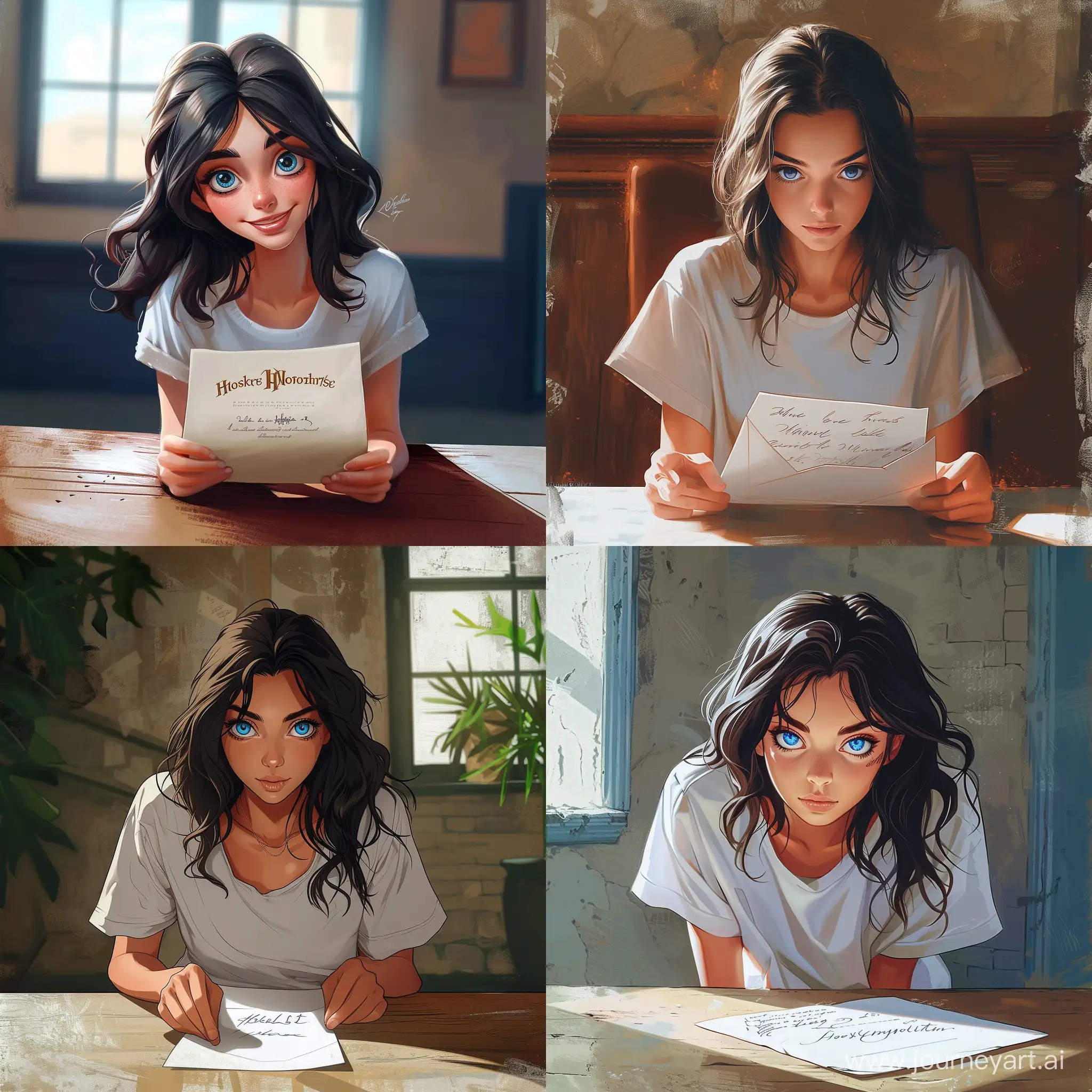 Beautiful girl, dark hair, blue eyes, white skin, teenager, 15 years old, summer, skateboarding, in an oversize T-shirt, sitting at a table and looking at a letter from Hogwarts, high quality, high detail, cartoon art 