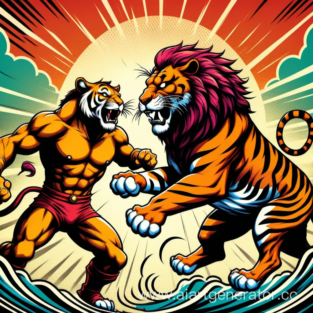 Create a vintage comic book-style illustration with bold lines and vibrant colors, showcasing a lion and teger in an epic clash.