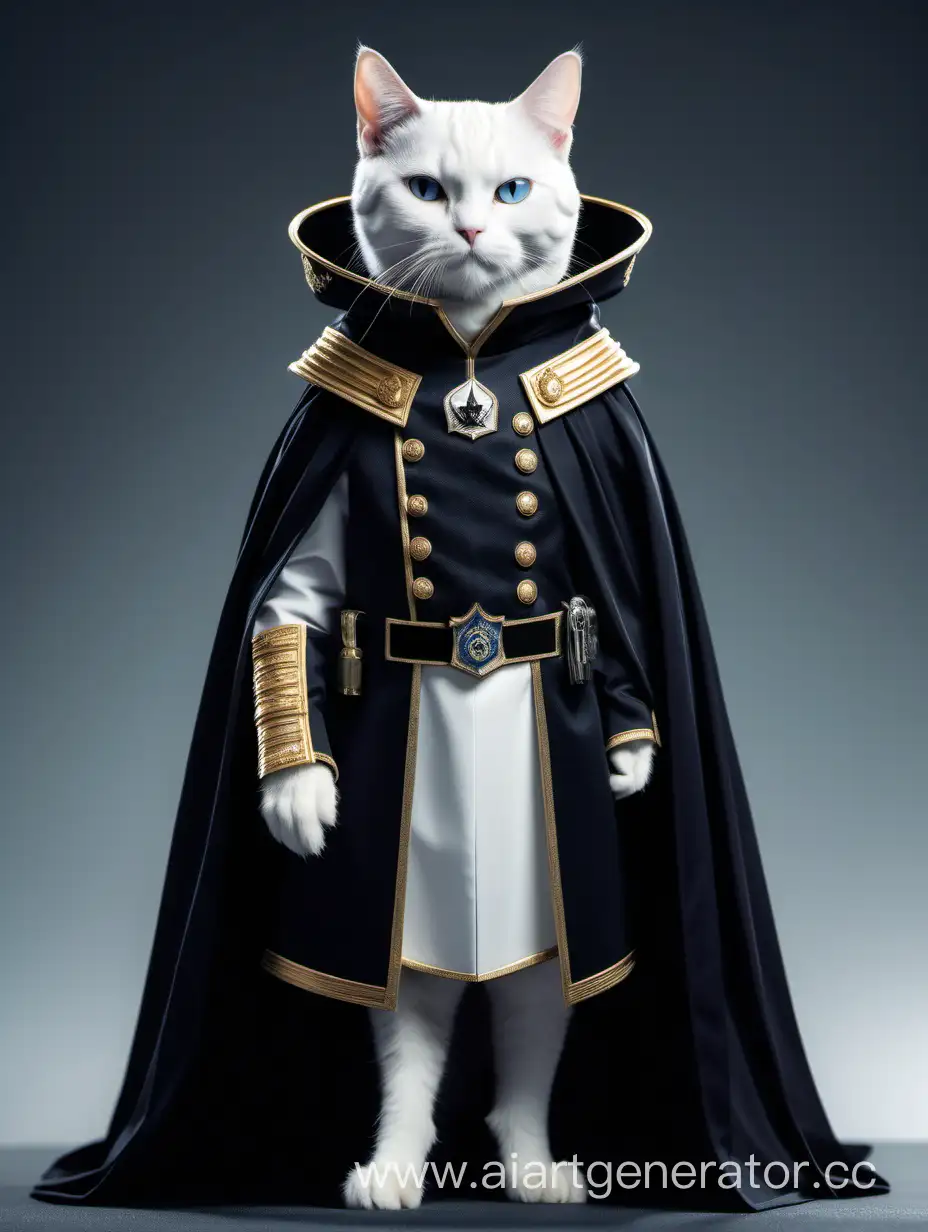 Человекоподобный белый кот адмирал галактической империи в черном парадном мундире с плащом