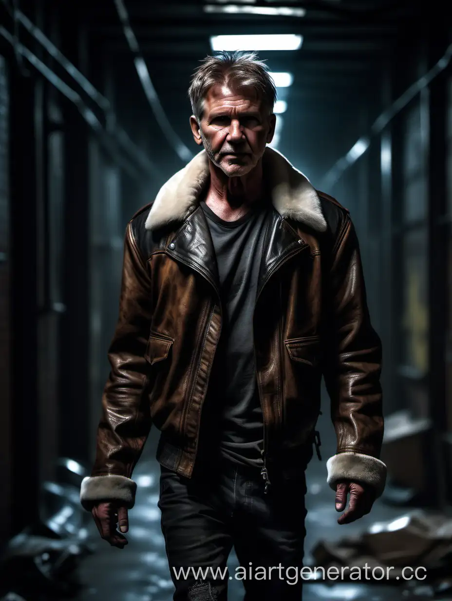 Dystopian future fashion, cyberpunk, young adult white man, short messy brown hair, athletic body, walking towards camera, walking through dark dimly lit industrial corridor, large leather jacket with fur collar, straps, smirking young Harrison Ford face, full body, cinematic shot