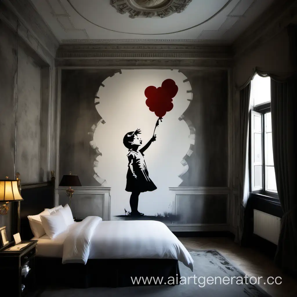 шикарный номер в отеле, на стенах висят картины Бэнкси "девочка с воздушным шаром"