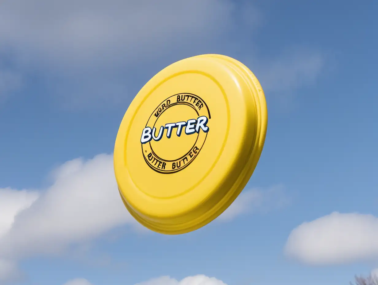 frisbee disk flying through air that looks like a butter tub lid with word "butter" on it 
