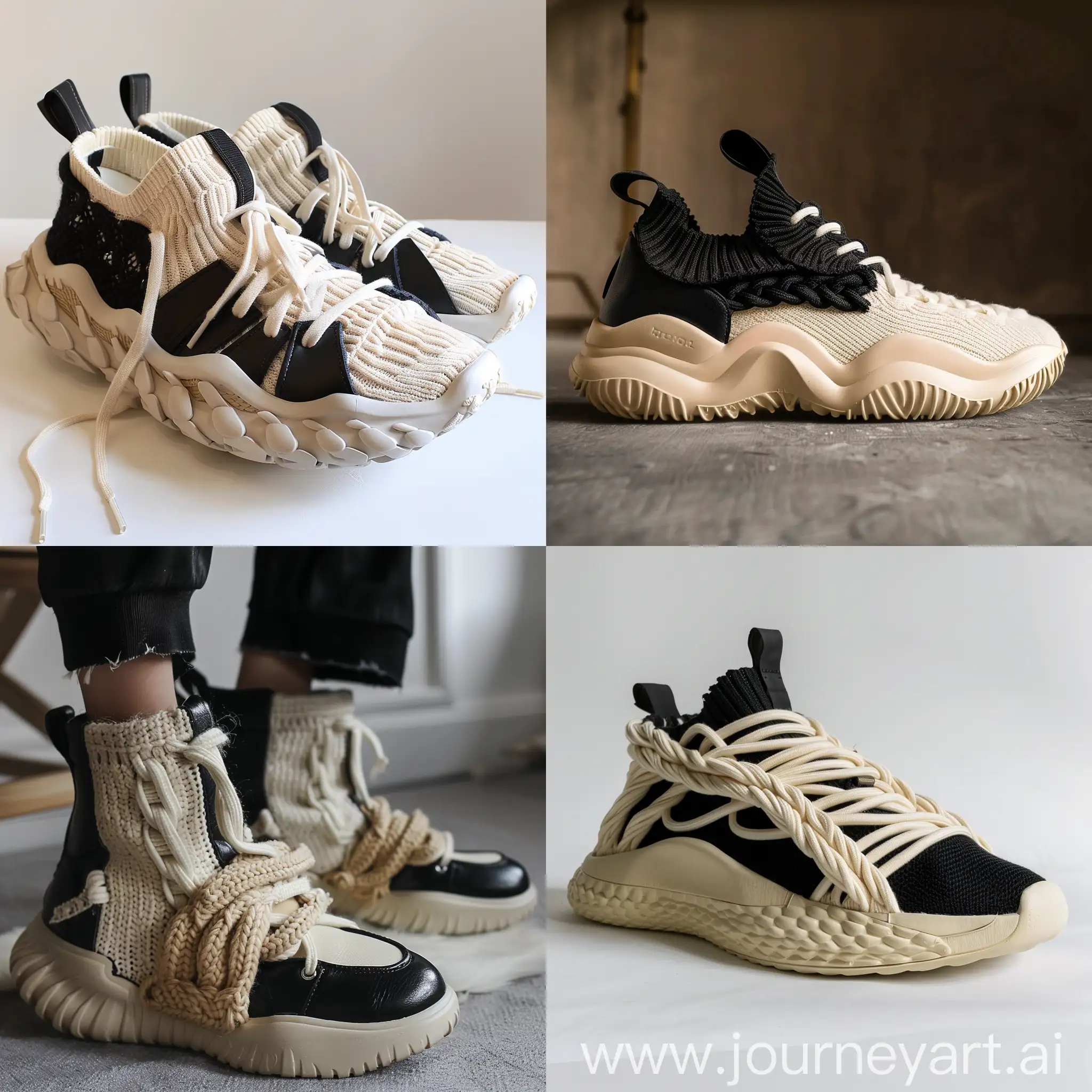 Sneakers design , inspiration by panda , some knitted cables on pit , rubber midsole , basic wide midsole , leather upper , chunky , trendy , color black/cream , knitted laces , low neck