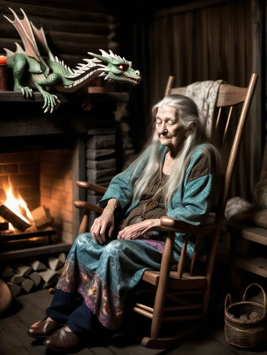 an old lady with long hair and boho-style clothing rocking a very tiny dragon to sleep. They are sitting in a rocking chair in front of a fireplace in an old cabin. Dimly lit