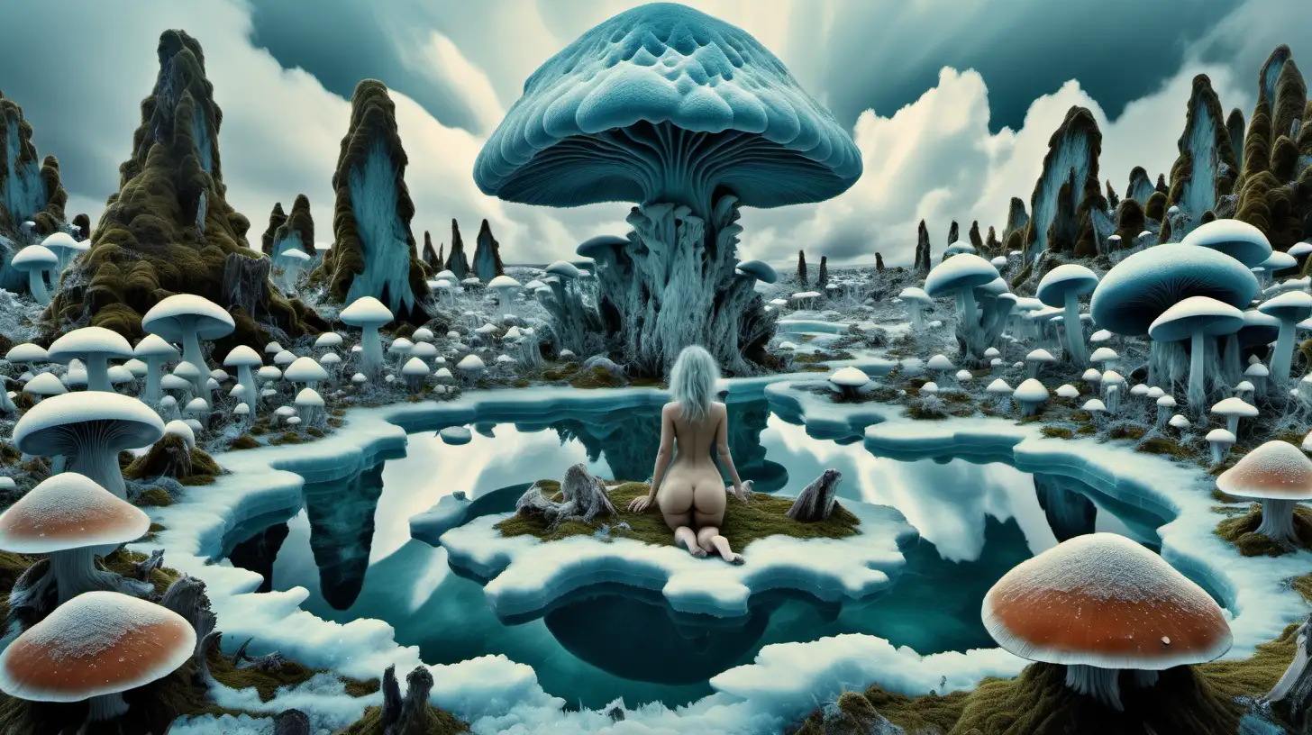 Psychedelic landscape, crystalline bluish mineral clouds, with nude woman center, Moss, large mushrooms with icy caps, and water on the ground