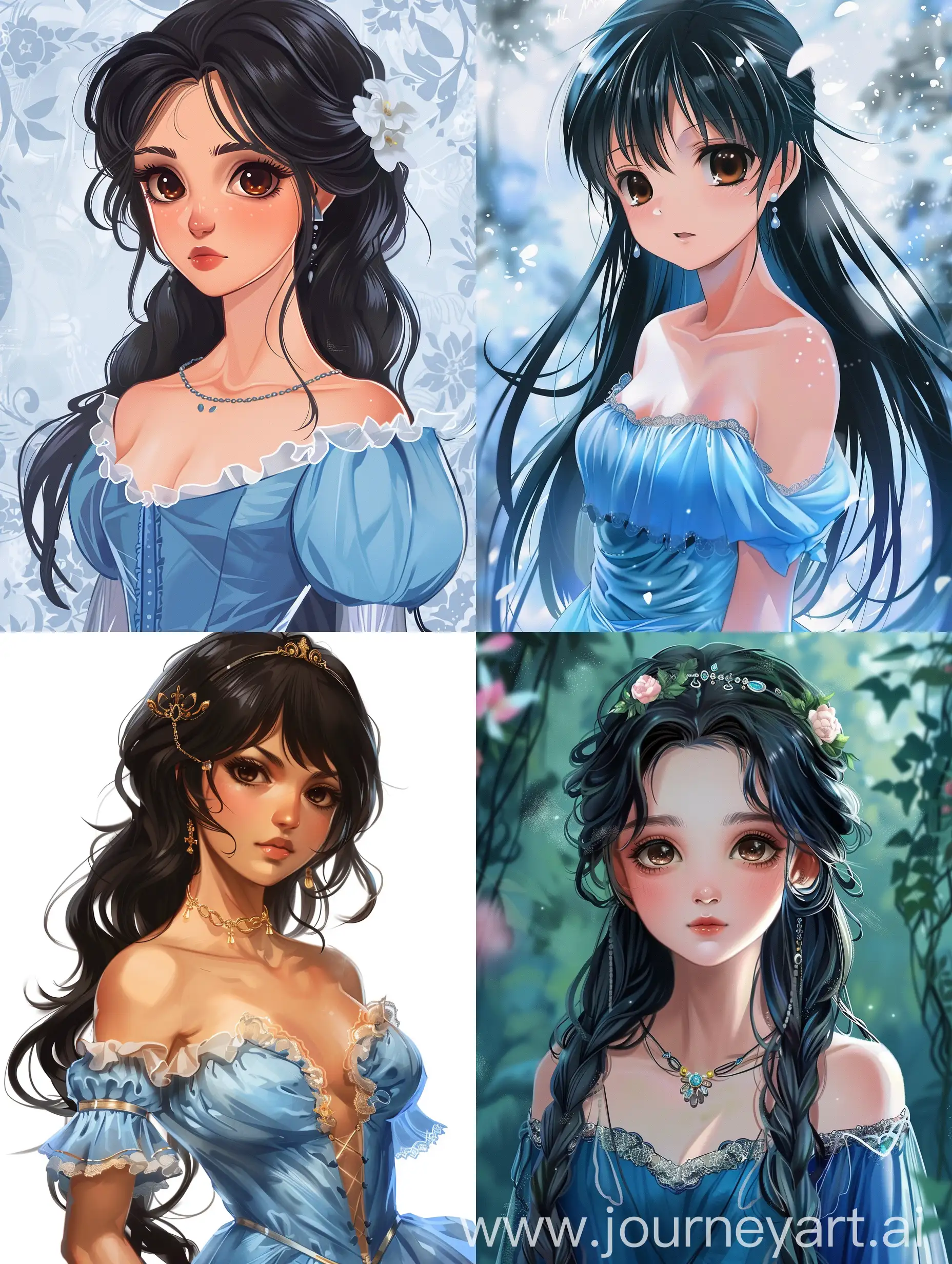 A commoner girl in a royal ball, with pretty blue dress and she has black and long hair, she has brown eyes