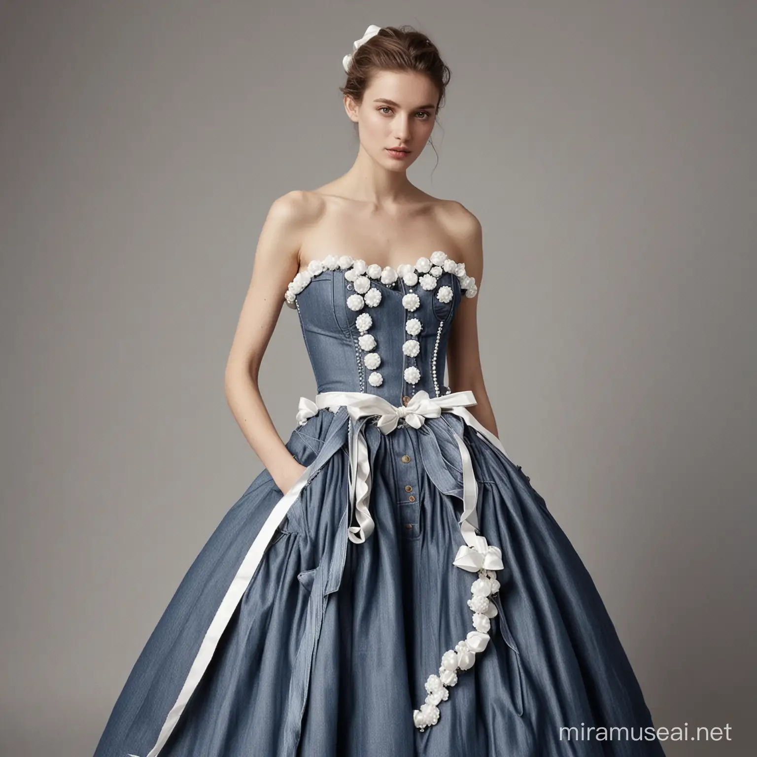 a female french model wearing a ballgown made out of denim with large pearl buttons and ribbons