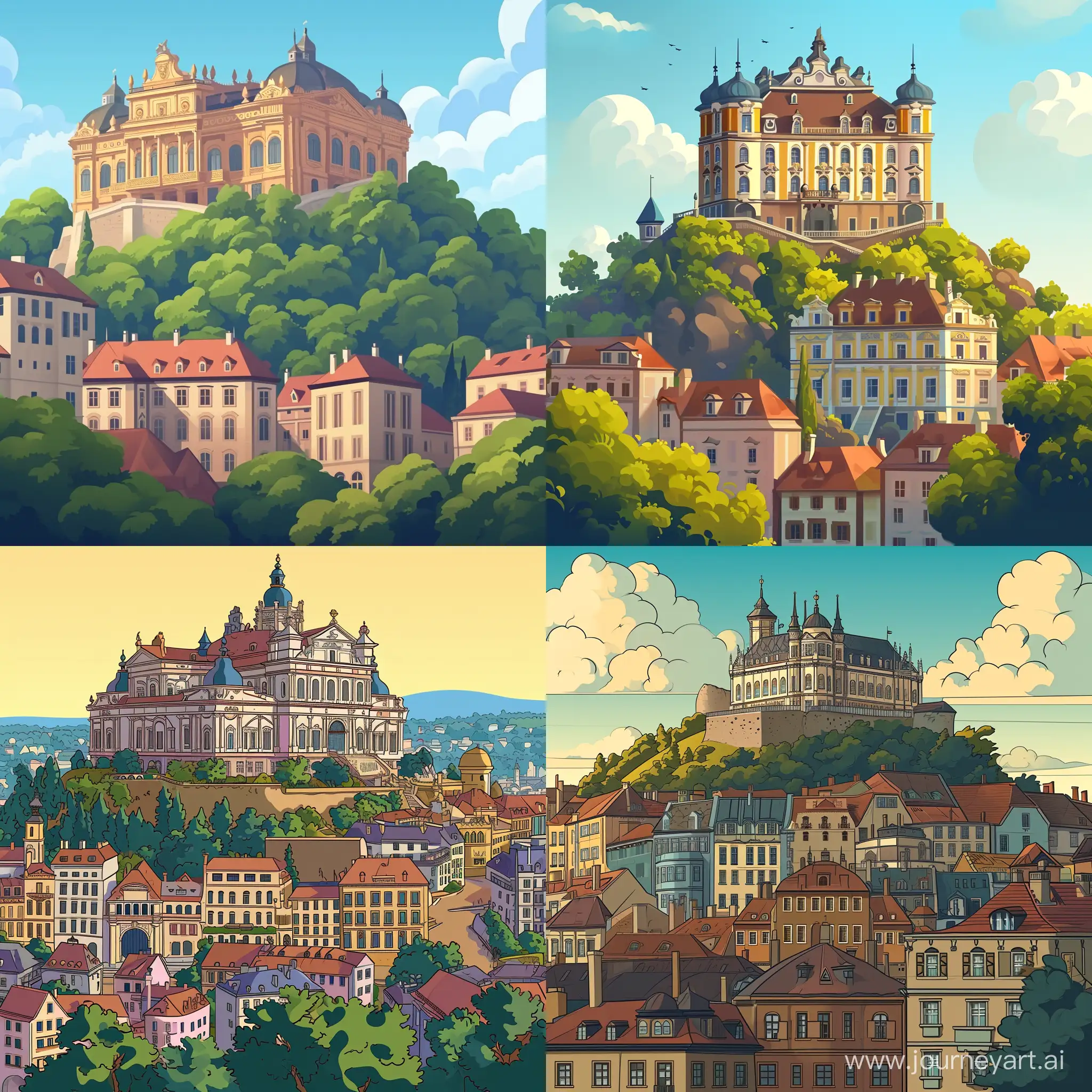 a baroque palace building, top of hill in the middle of medieval big city, in cartoon style