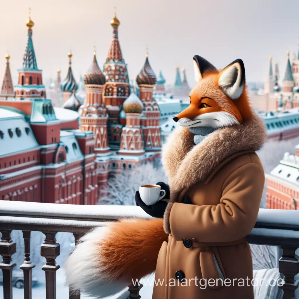 Фурри лисица в пальто смотрит из балкона на зимнюю Москву с кружкой кофе 