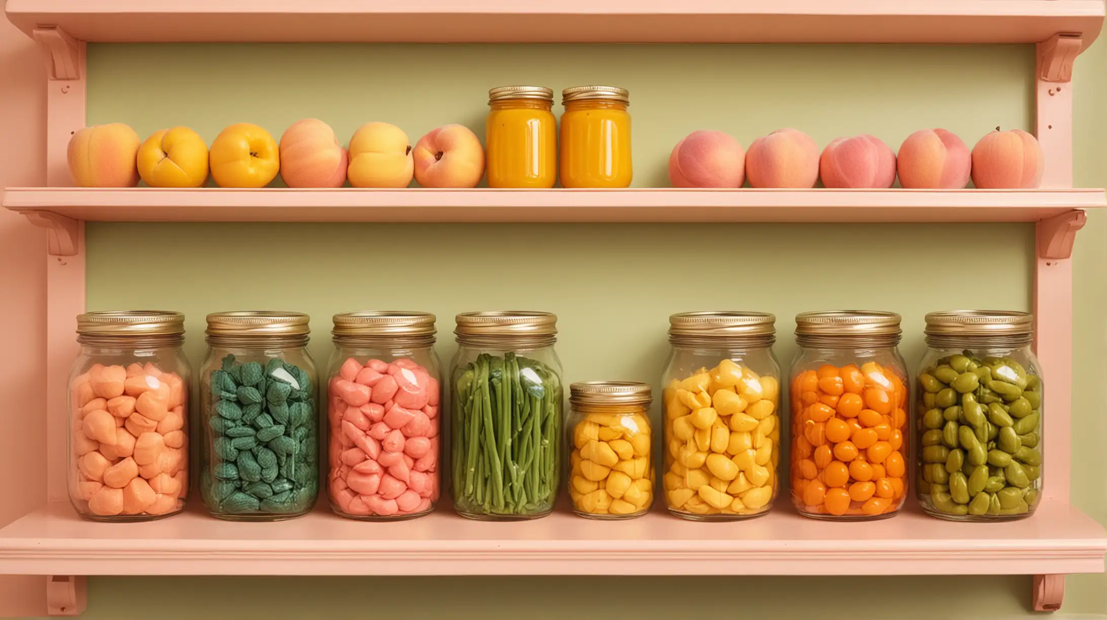 preserved green yellow red foods in jars on peach colored shelf.  include pink and teal. wes anderson inspired