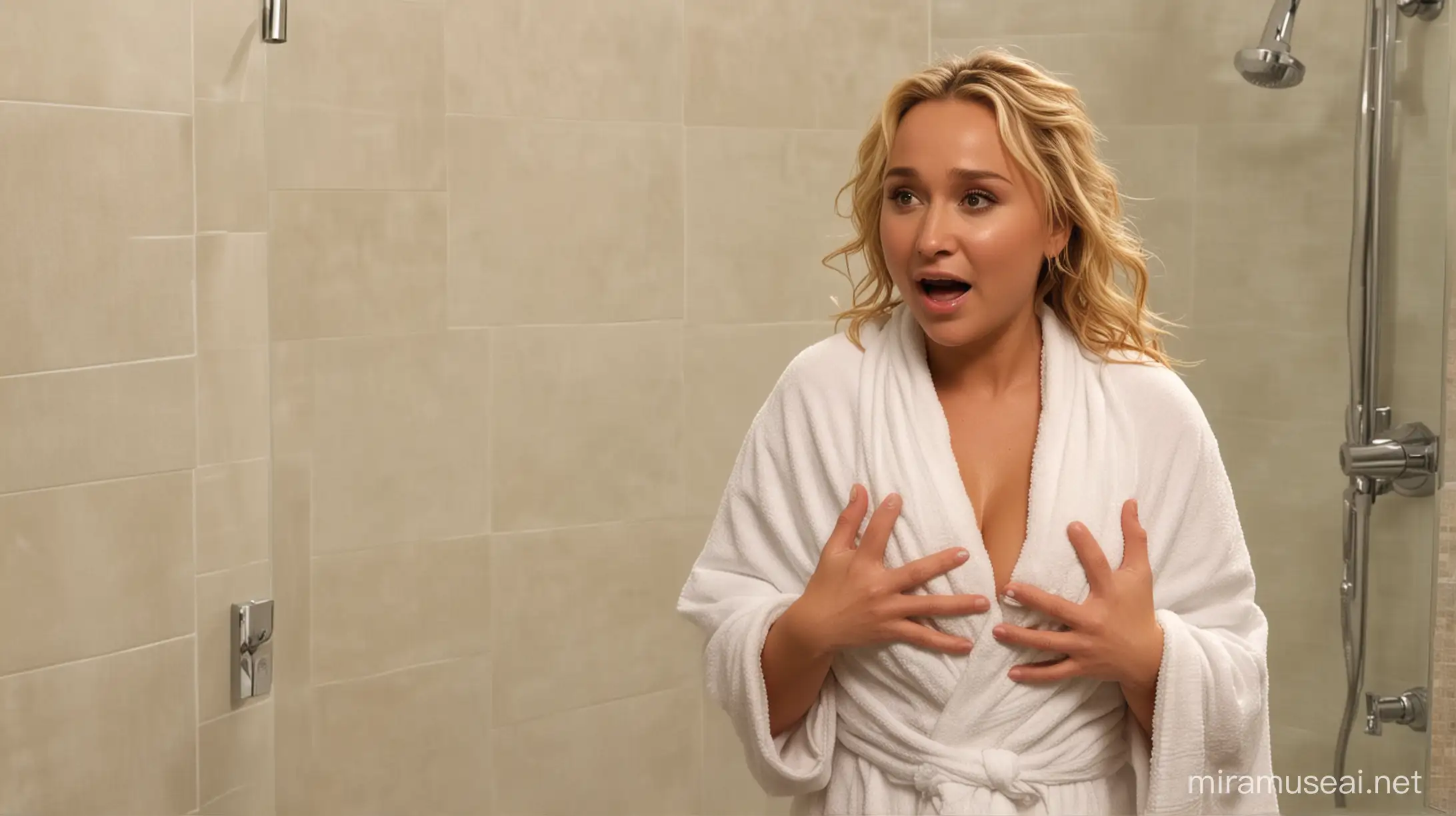 Hayden Panettiere walking out of the shower wrapped in a towel, the towel has slipped off  exposing her breasts, she is looking shocked