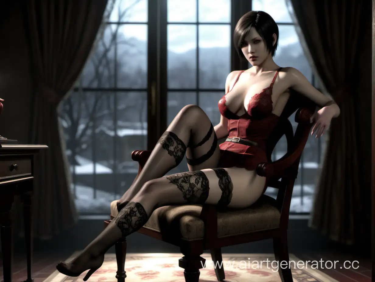 Голая Ада Вонг из игры Resident evil 4 remake в ажурных чулках сидит на стуле рядом с окном, 8k