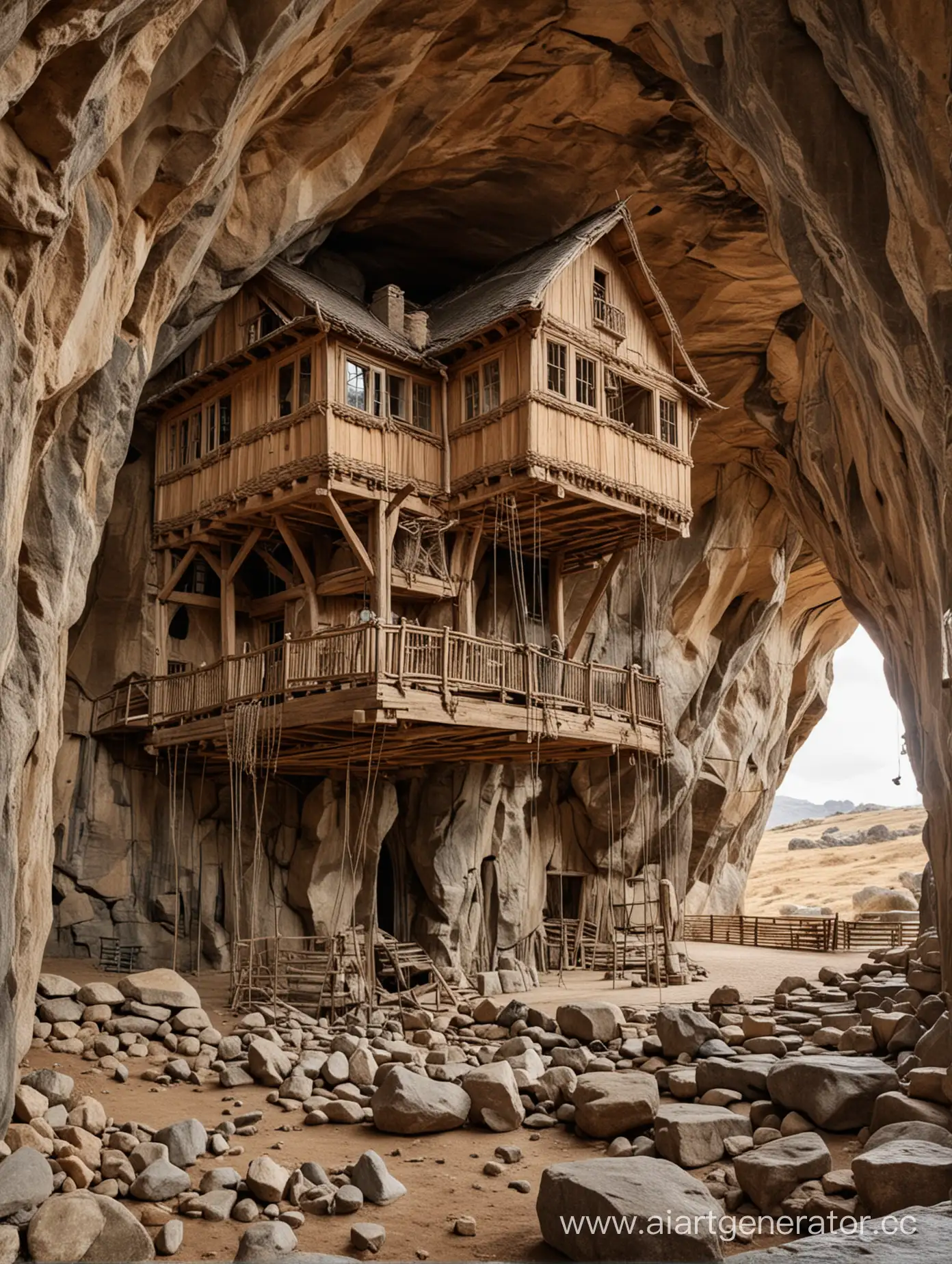 Enormous-Wooden-House-Perched-atop-Rock-Formation-Supported-by-Beams-and-Ropes