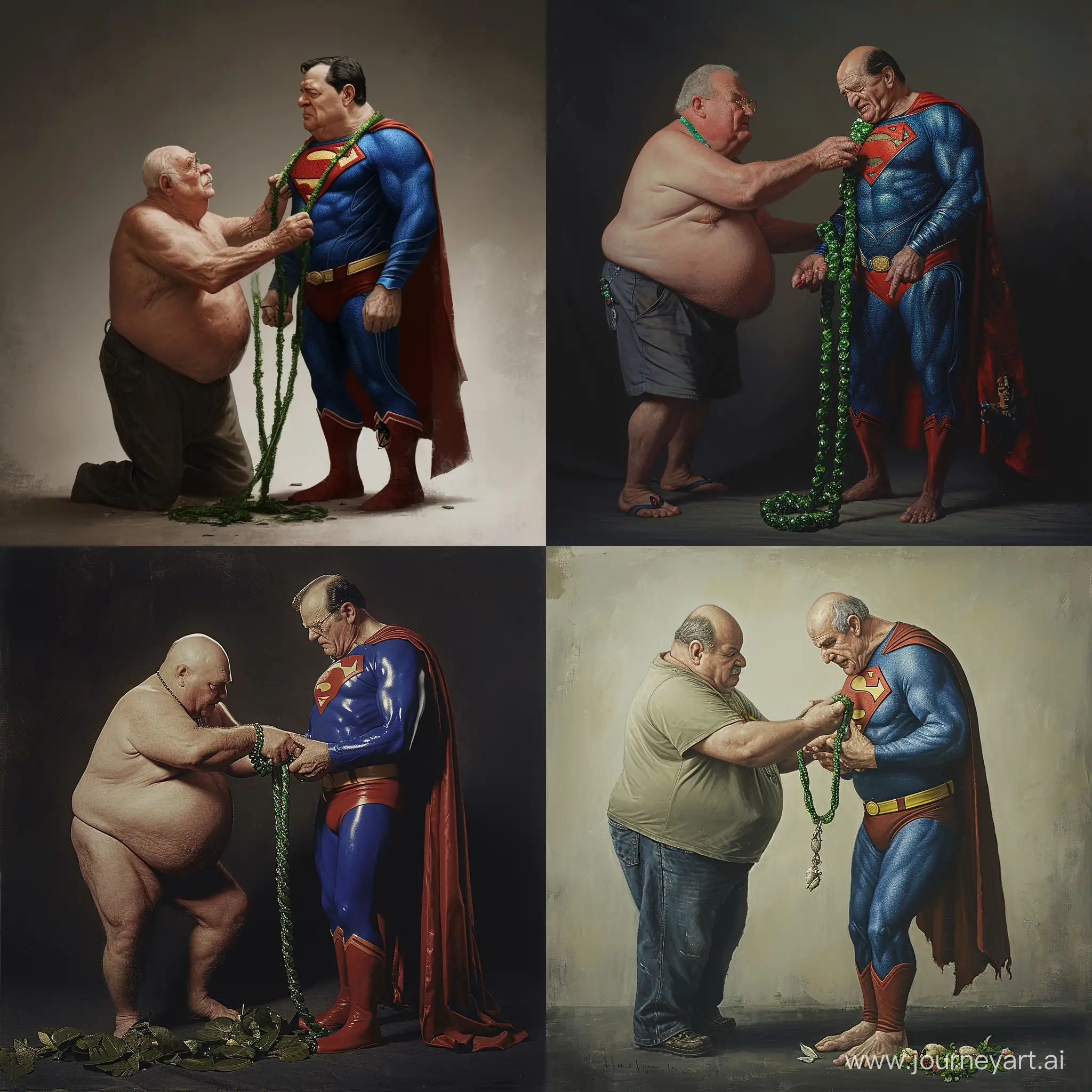 A first chubby man is putting a green necklace on a second man. The second man is a chubby 70 years old man wearing a tight bright blue superman costume. The second man looks very weak. Is is on his knees --v 6