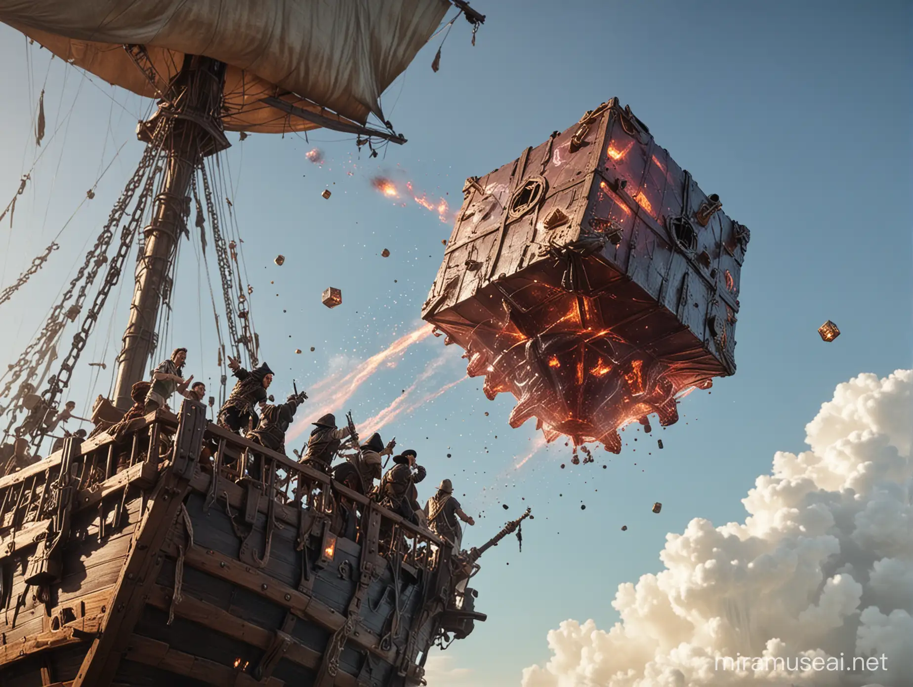 A gelatinous cube from dungeons and dragons being shot through the air from a catapult on a large pirate ship