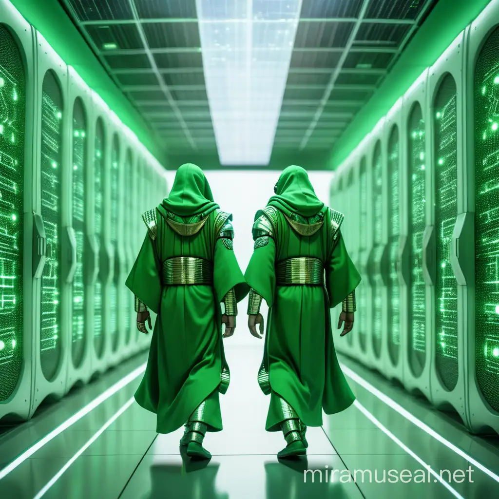 futuristic android human hybrid monks in green robes walking in a natural solarpunk data center