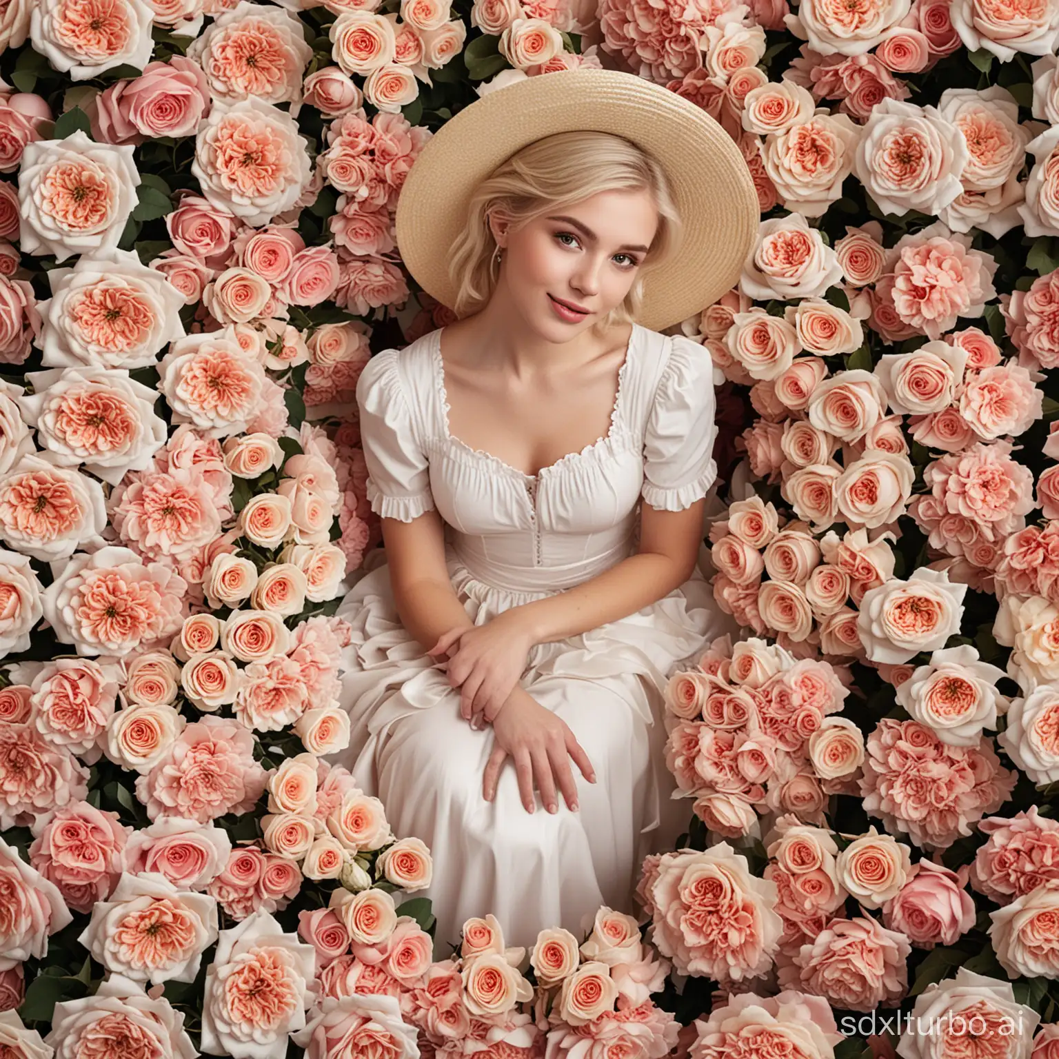 A white-skinned girl surrounded by bouquets in hatboxes with roses
