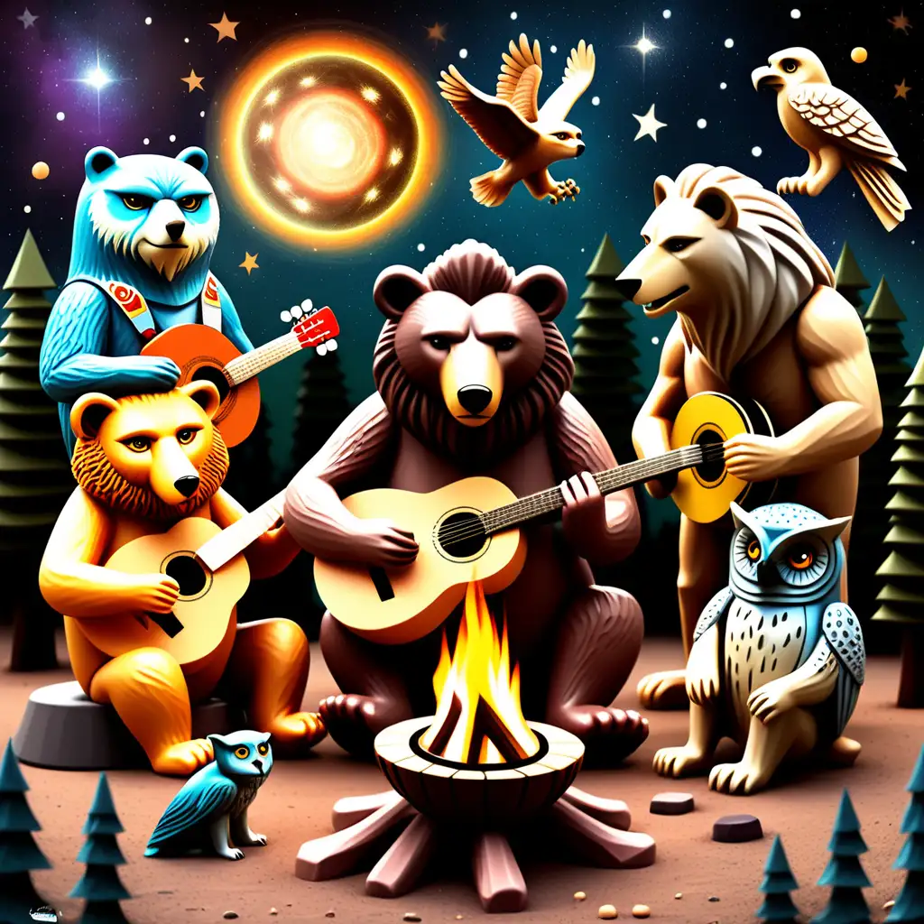 campfire music bear lion wolf owl guitar djembe banjo cosmic ufo