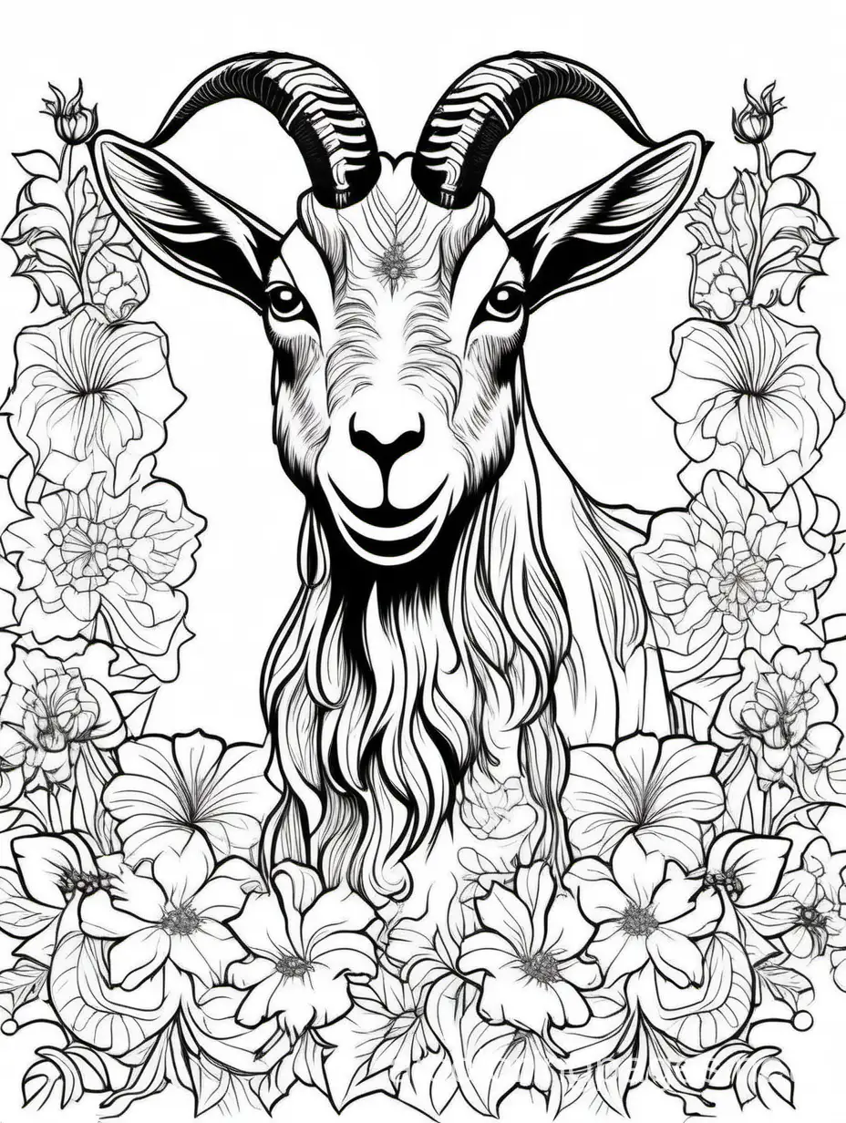 goat  in flowers for adults for coloring book for women
, Coloring Page, black and white, line art, white background, Simplicity, Ample White Space. The background of the coloring page is plain white to make it easy for young children to color within the lines. The outlines of all the subjects are easy to distinguish, making it simple for kids to color without too much difficulty