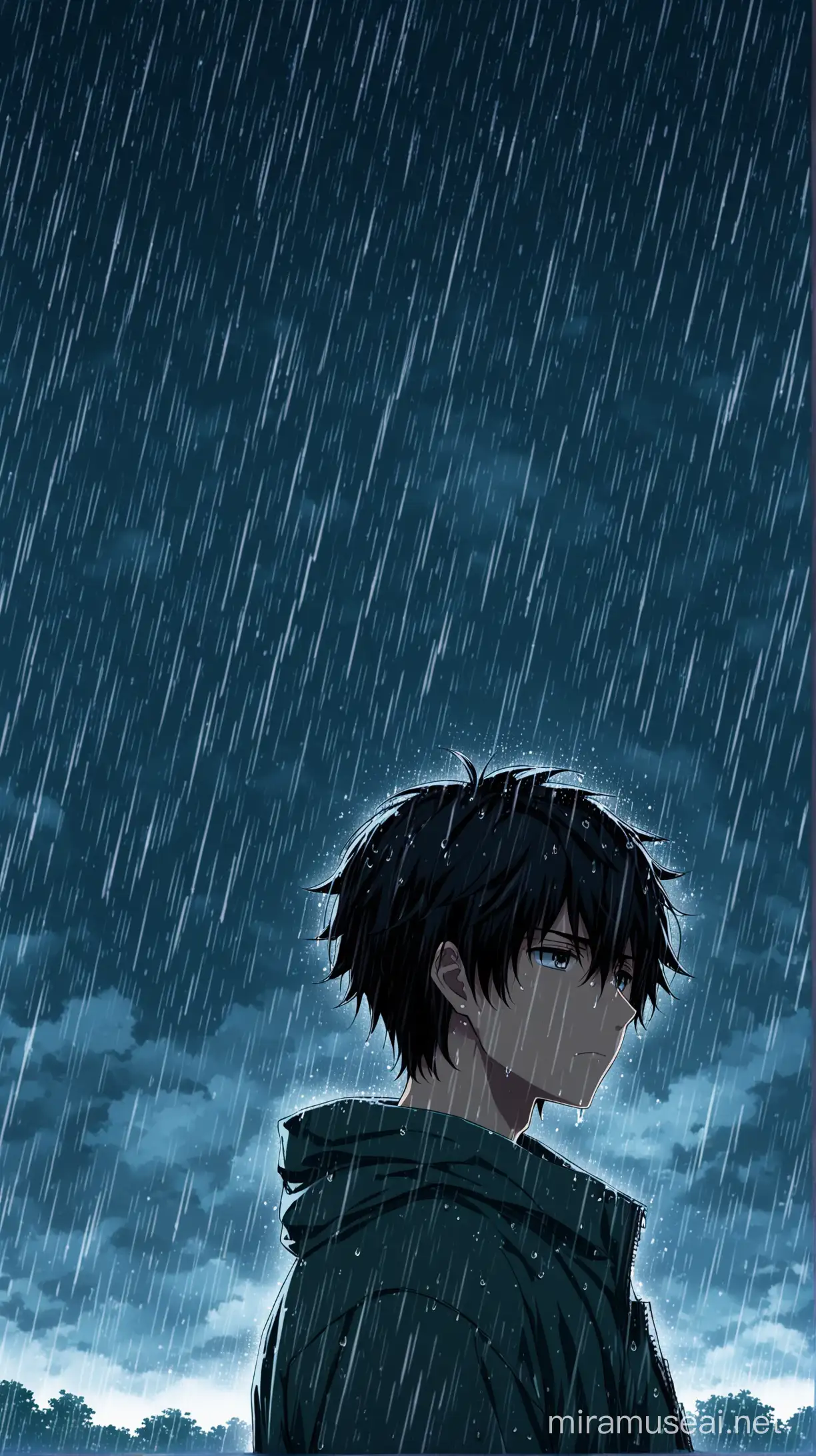 anime movie style create a Sad anime Boy raining, strome cloudy in background