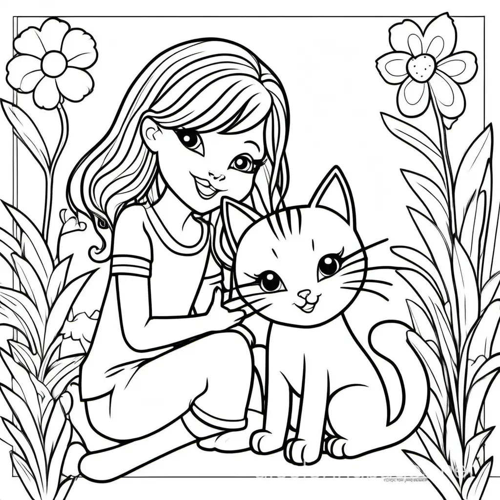kitty cat and 5yr old girl who are friends, Coloring Page, black and white, line art, white background, Simplicity, Ample White Space. The background of the coloring page is plain white to make it easy for young children to color within the lines. The outlines of all the subjects are easy to distinguish, making it simple for kids to color without too much difficulty