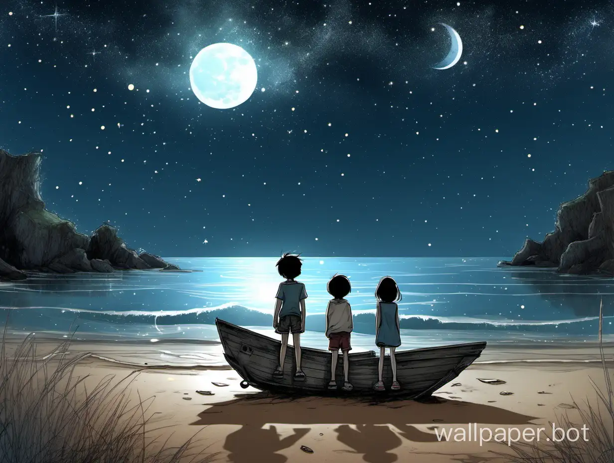 мальчик и девочка стоят  на морском берегу рядом с разбитой лодкой под звёздным небом с двумя лунами