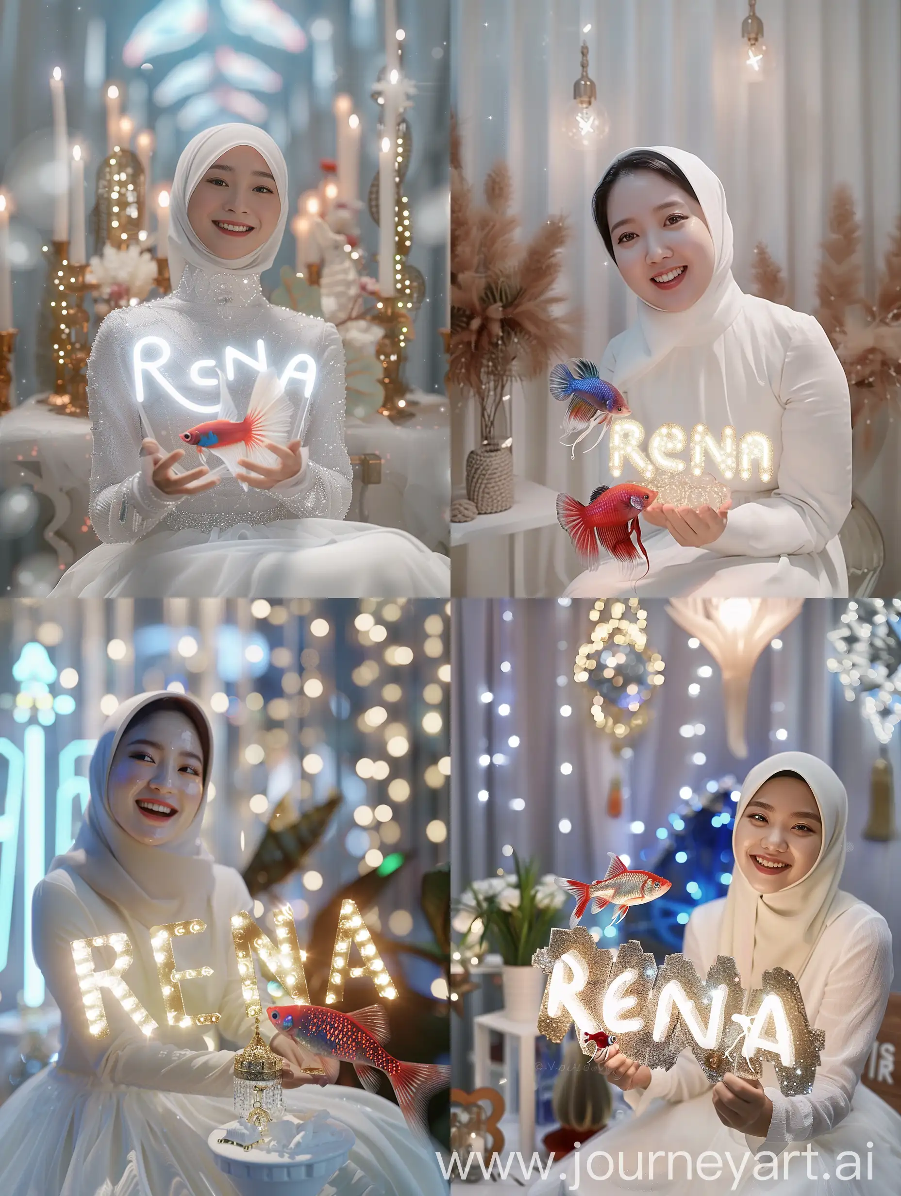 super ultra hyper extreme amazing detailed and realistic crystal text name that says very detailed "RENA" lights up with white bias gold crome water that says "RENA", extreme fractal, mirroring effect photography very clouse up korean beautiful hijab woman smile white dress sitting a altar holding a miniature red blue white betafish with long tailed. 4k UHD