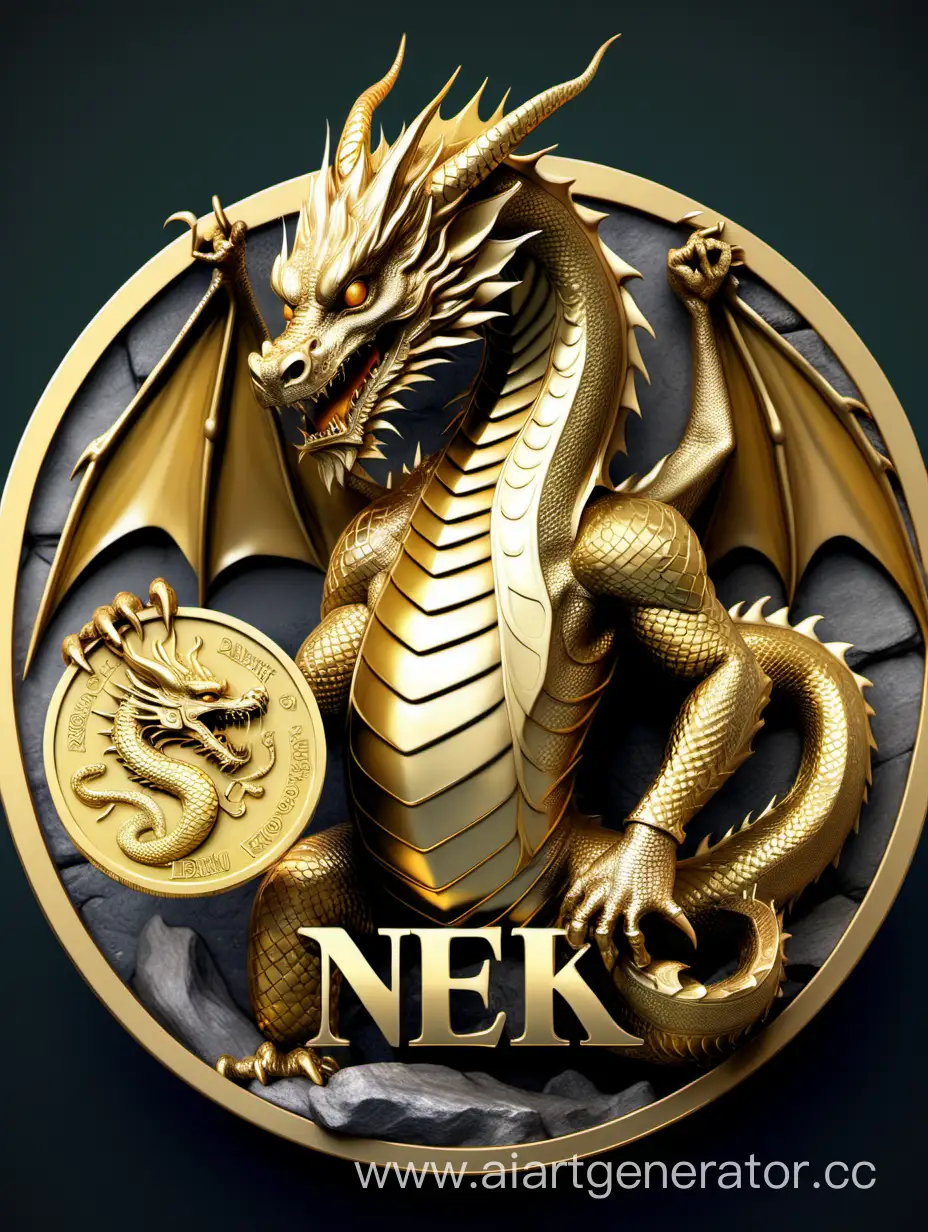 древний дракон с золотой чешуей, держит большую золотую монету с надписью Niek

 