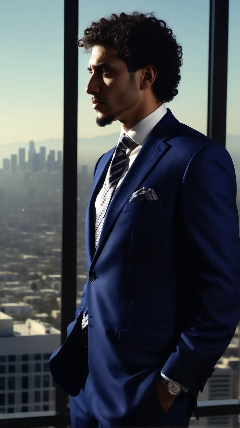 Attractive Puerto Rican Man, wearing short curly hair, wearing Admiral Blue, wool  suit, wearing a Navy, dress shirt, wearing a dark neck tie, staring out over Los Angeles, looking away from camera, standing in penthouse, view from other side of the room,  ceiling high windows, sun cutting through the windows, Ultra 4k, high definition, light is volumetric