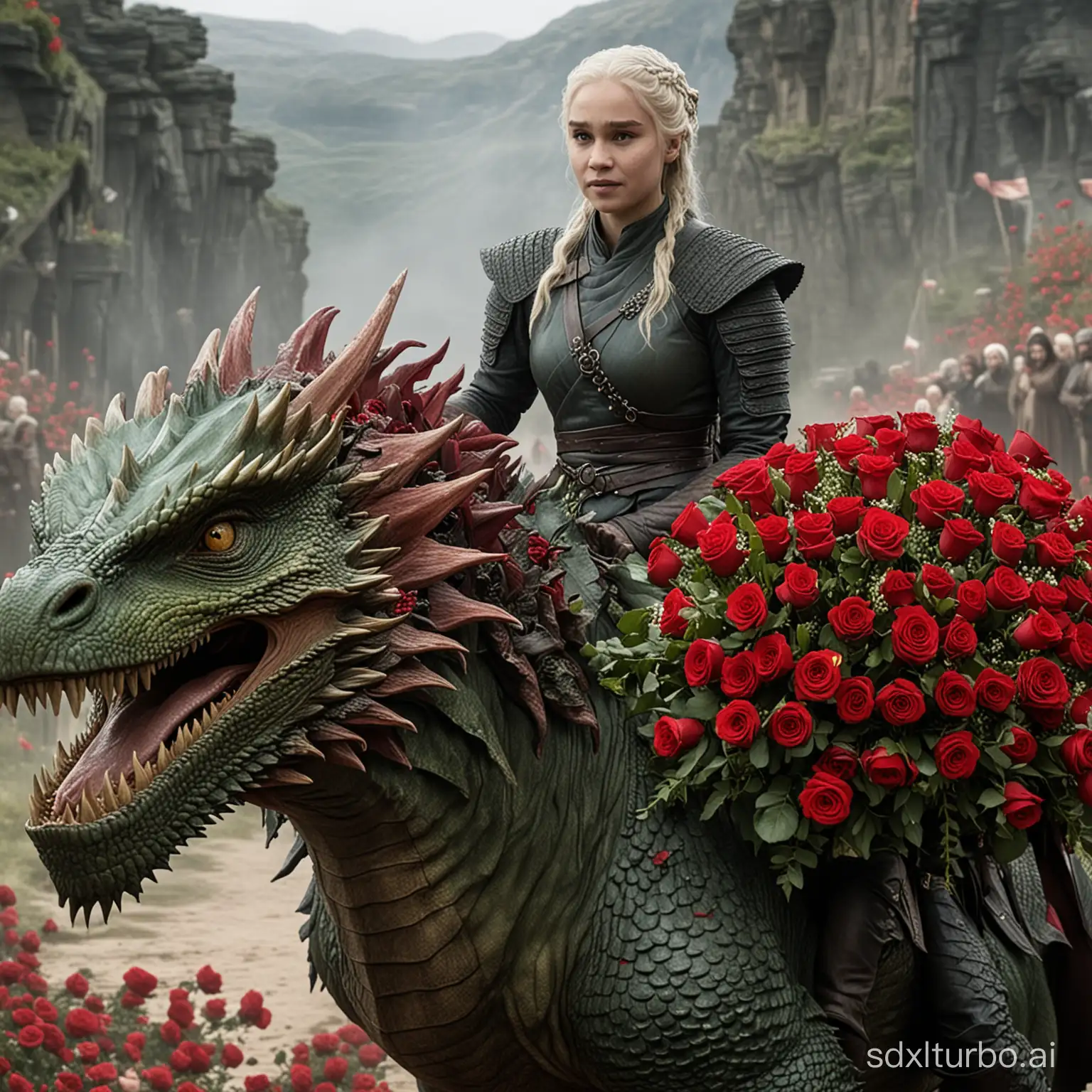 kalessi from game of thrones riding on her green dragon with a large bouquet of red roses in her hands