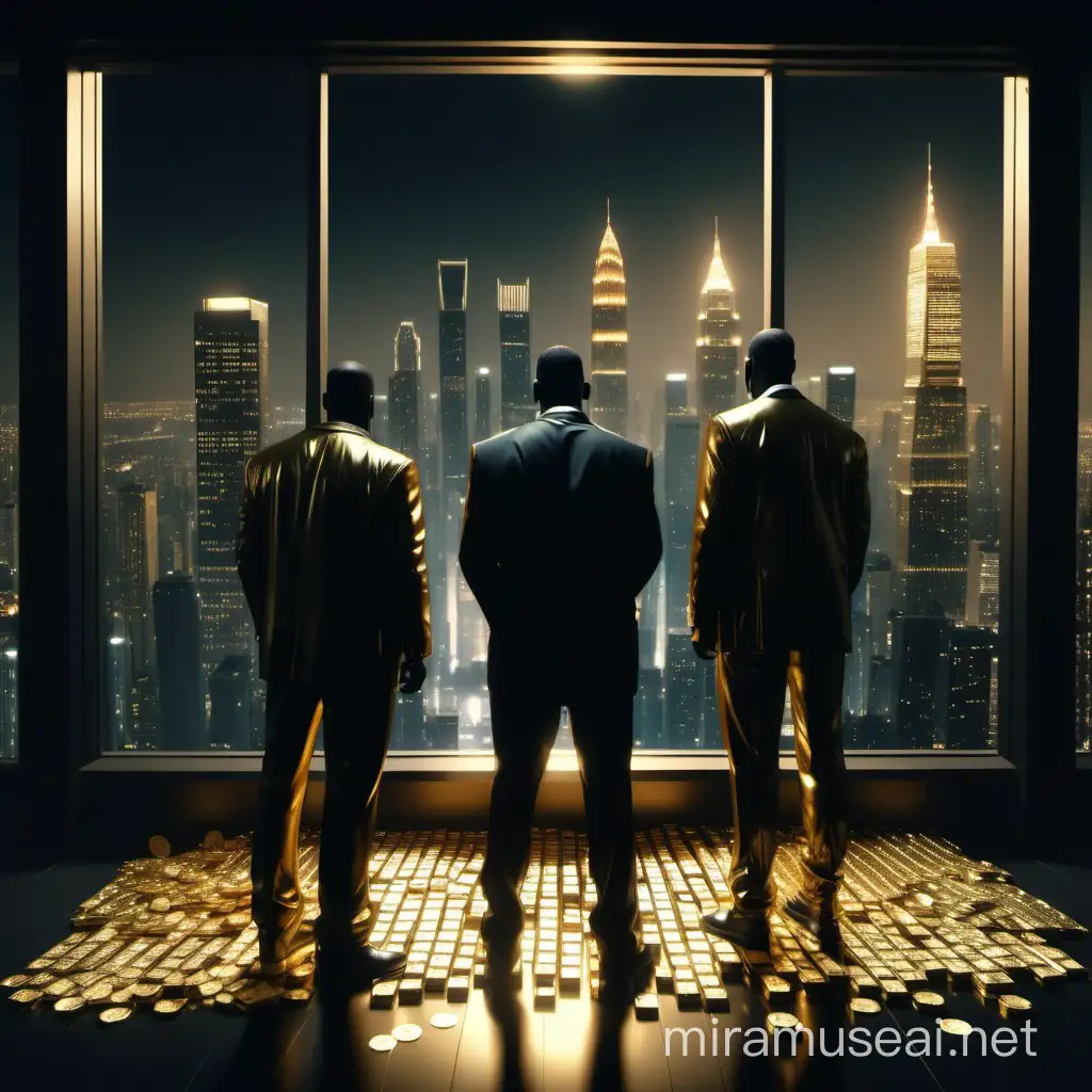 creates an image depicting three gold gangsta guys from behind looking at the breathtaking view of a large illuminated metropolis with other skyscrapers, buildings and structures in a skyscraper room with cash and gold bars on the floor. Ultra realistic, ultra detailed, 4k