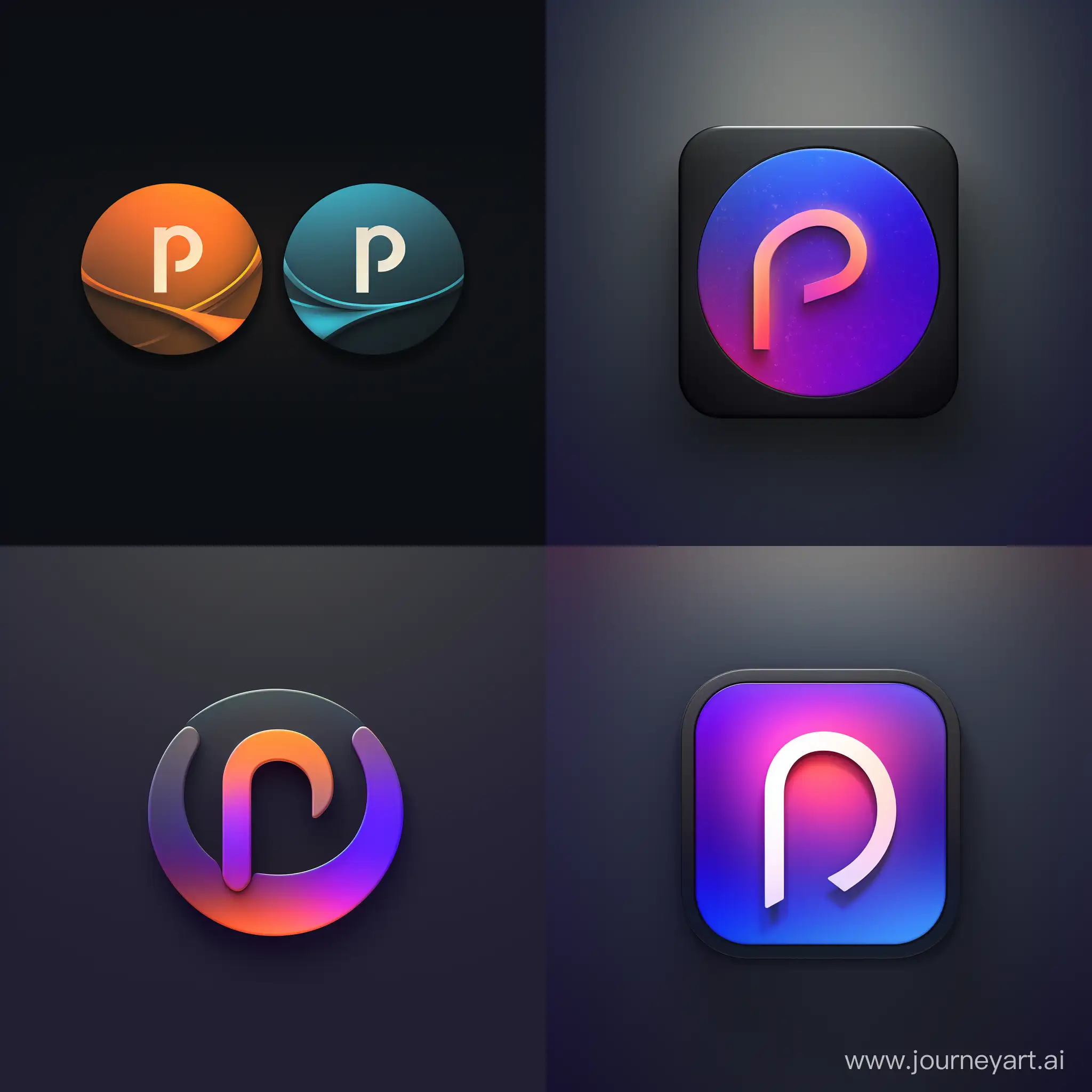 Provide for me Midjourney prompt for creating music streaming app icon minimalist "P" and "M" Shape without gradient, dark theme, music icon, two color only