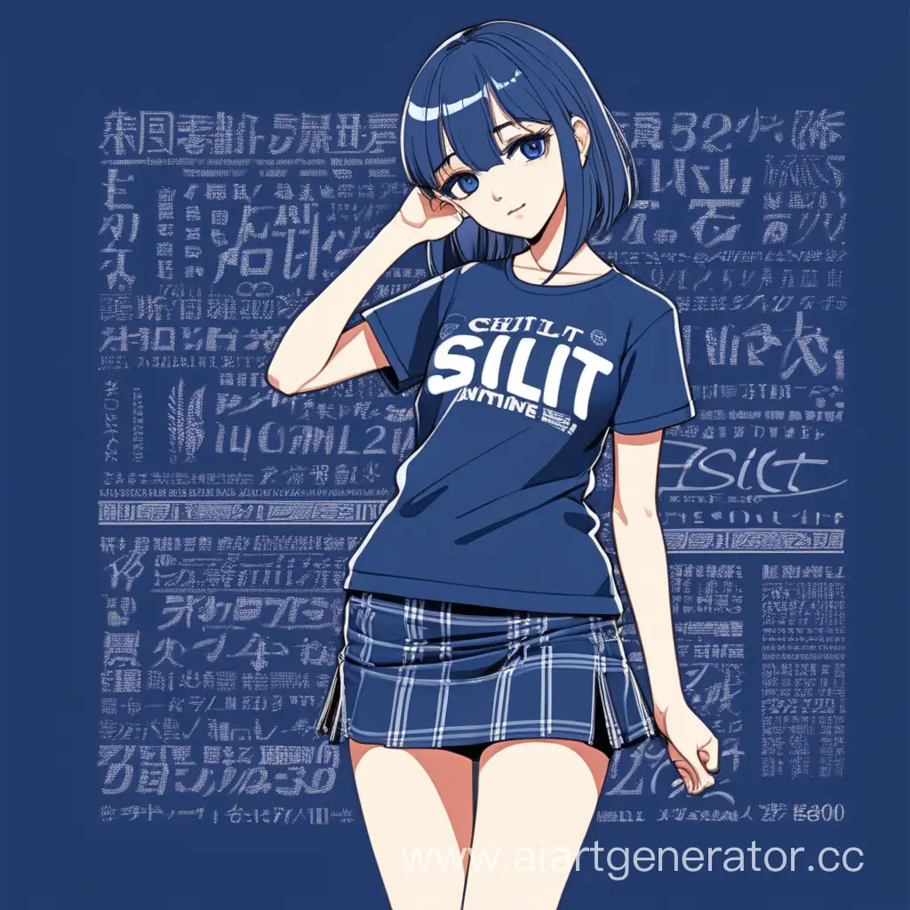 Девушка в стиле аниме в короткой юбке в тёмно-голубых тонах с надписью на футболке Csilit позирует