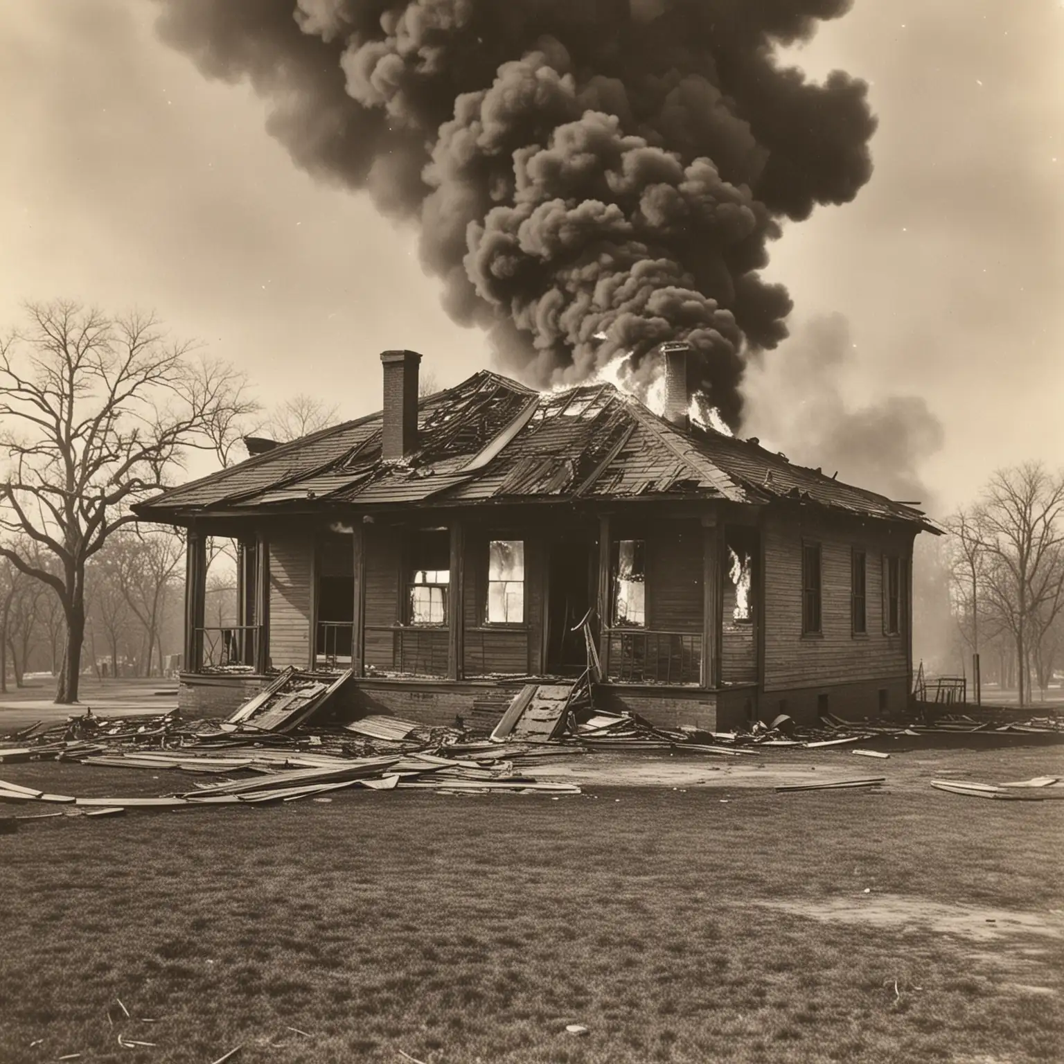 African American Schoolhouse Engulfed in Flames