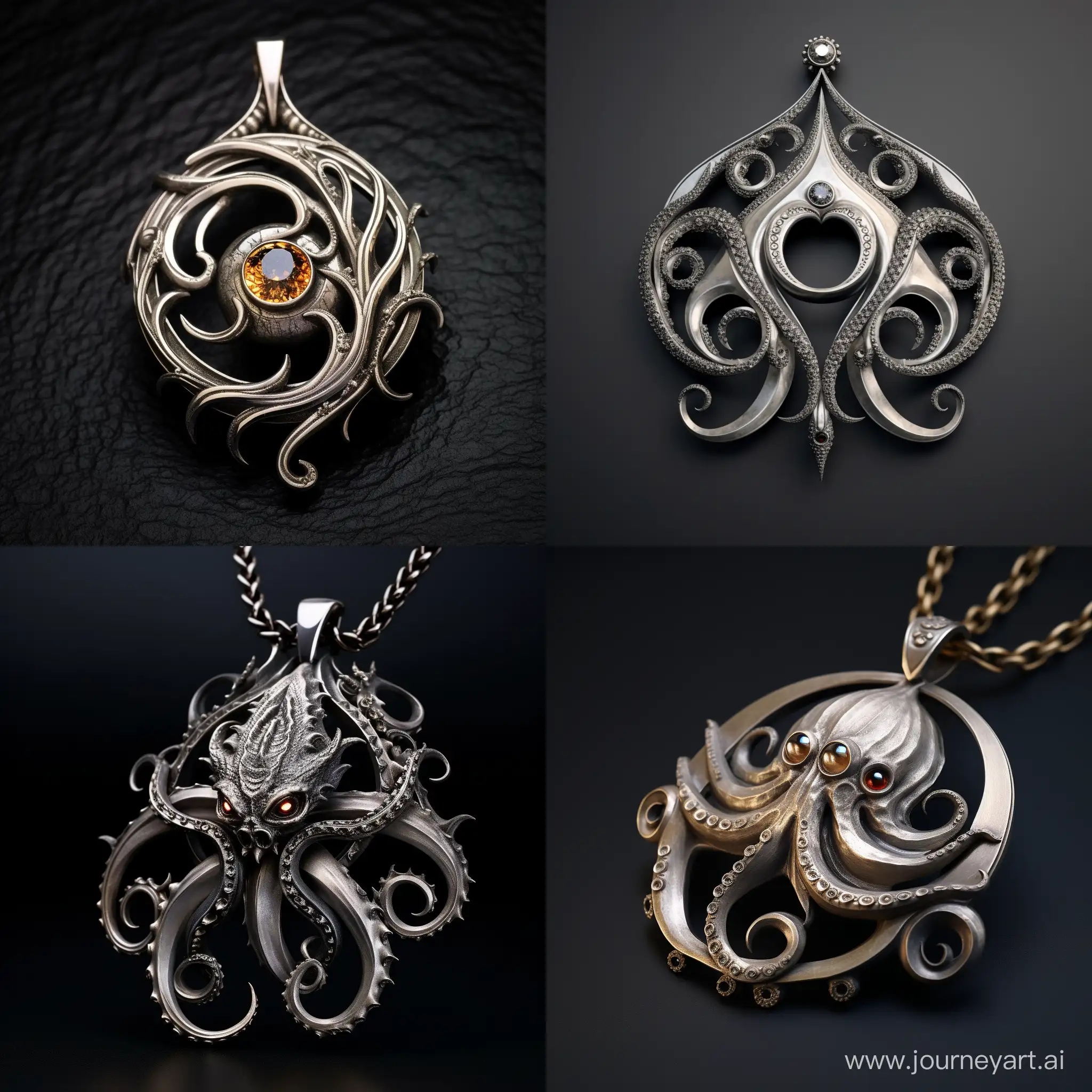 A silver pendant in the shape of a wheel, the edge of the pendant represents intertwined tentacles of an octopus and the center of the pendant is an eye on fire.