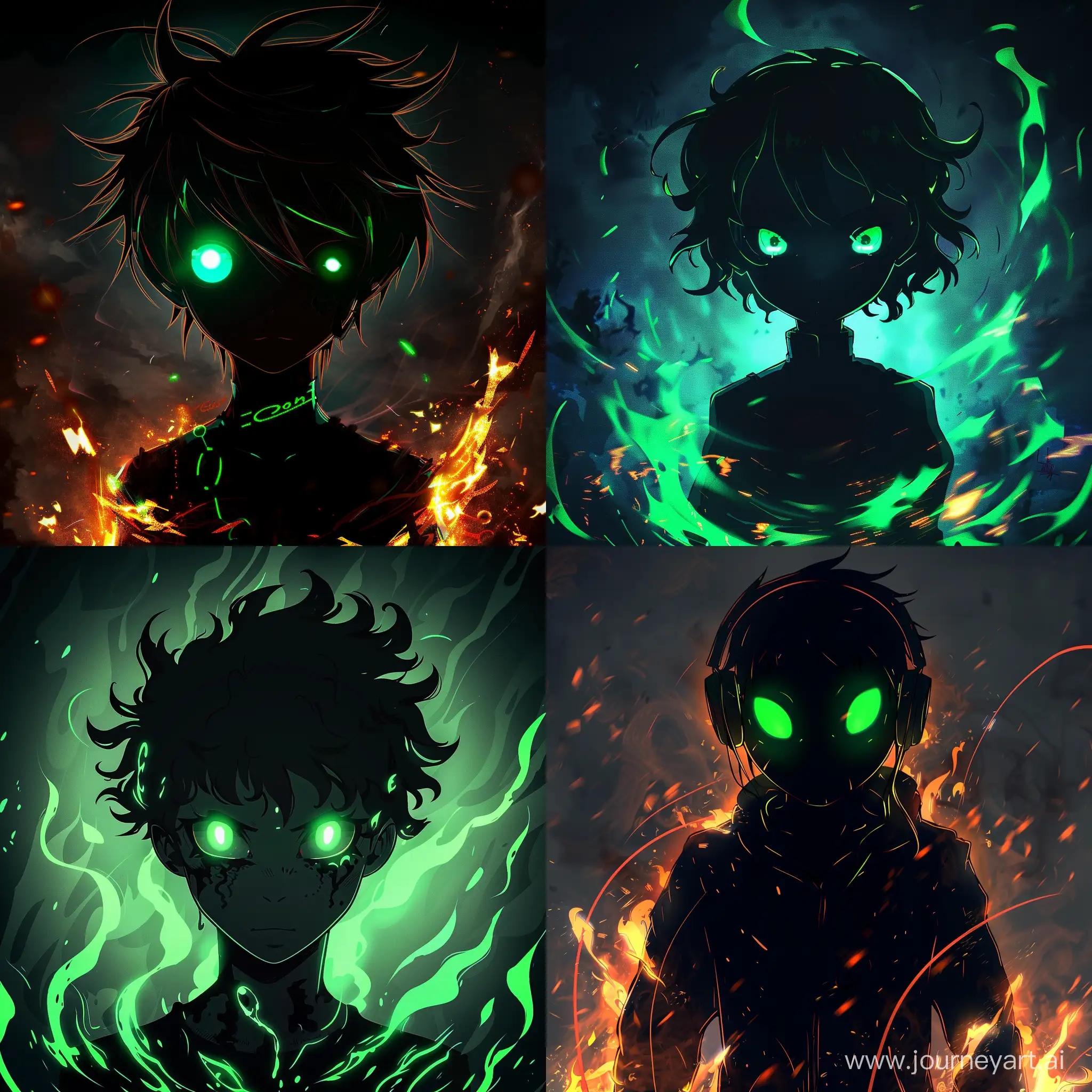 Dark anime dark silhouette, Brazilian phonk music artwork, glowing green eyes and flames around the character