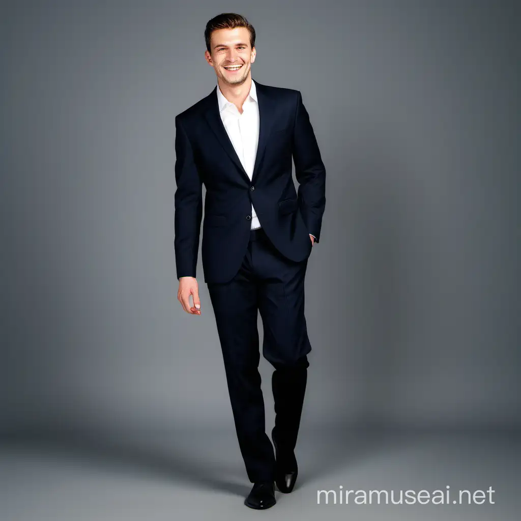 man with a black suit with white shirt and navy blue trousers standing with a smile full length from head to toes 