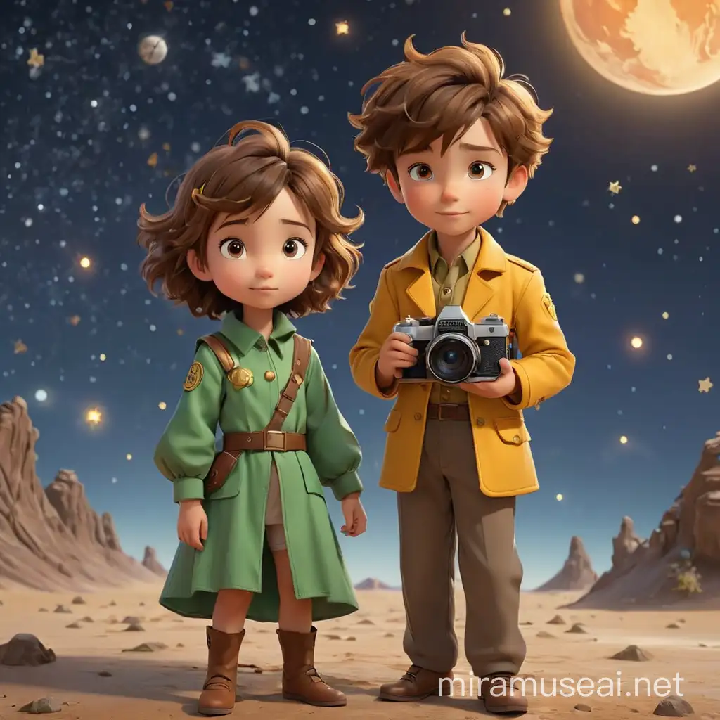 Adventurous Little Prince and Girl Exploring Their Planet under Starry Skies