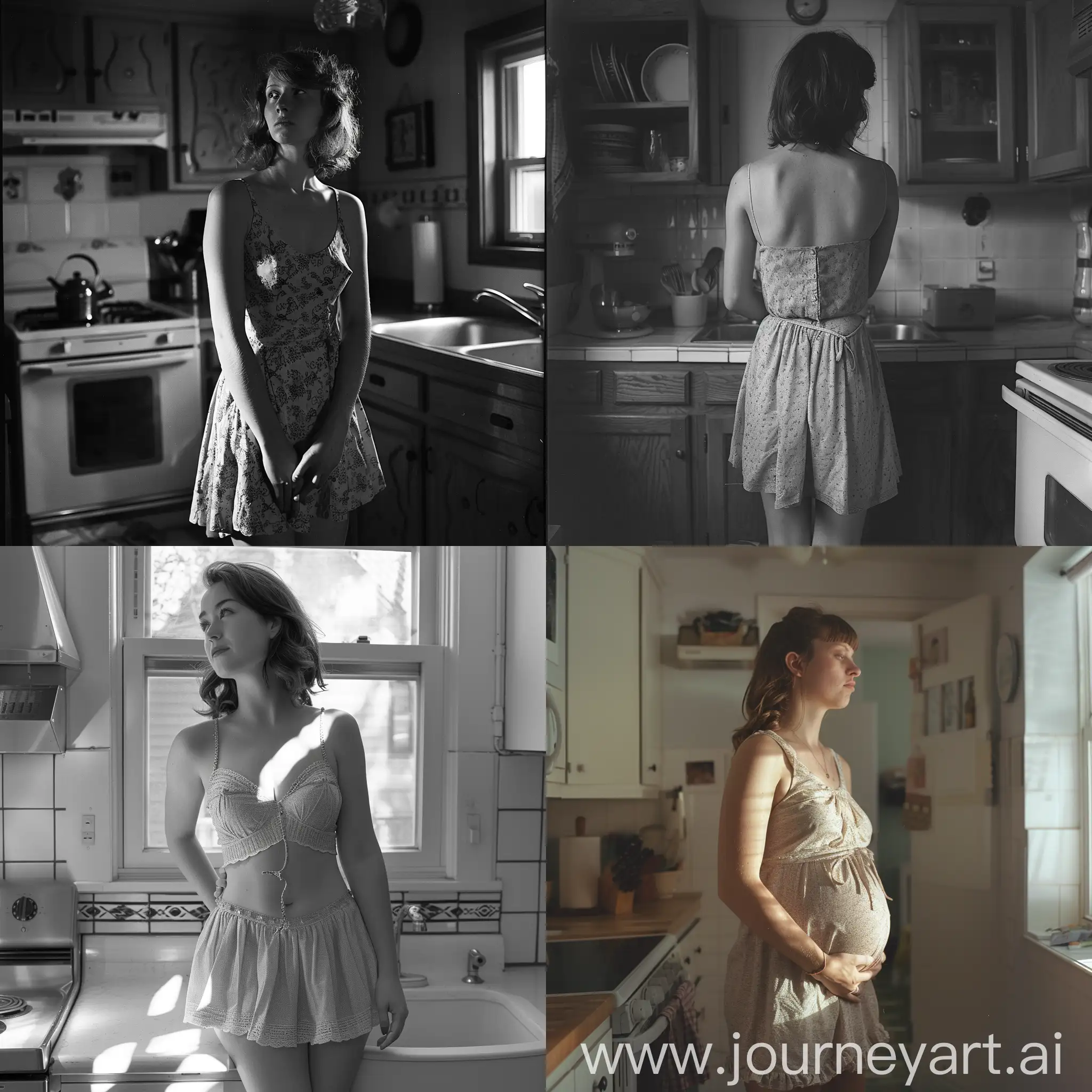 25-year-old woman, in the kitchen, standing, in a dress, full-body shot, full-body capture