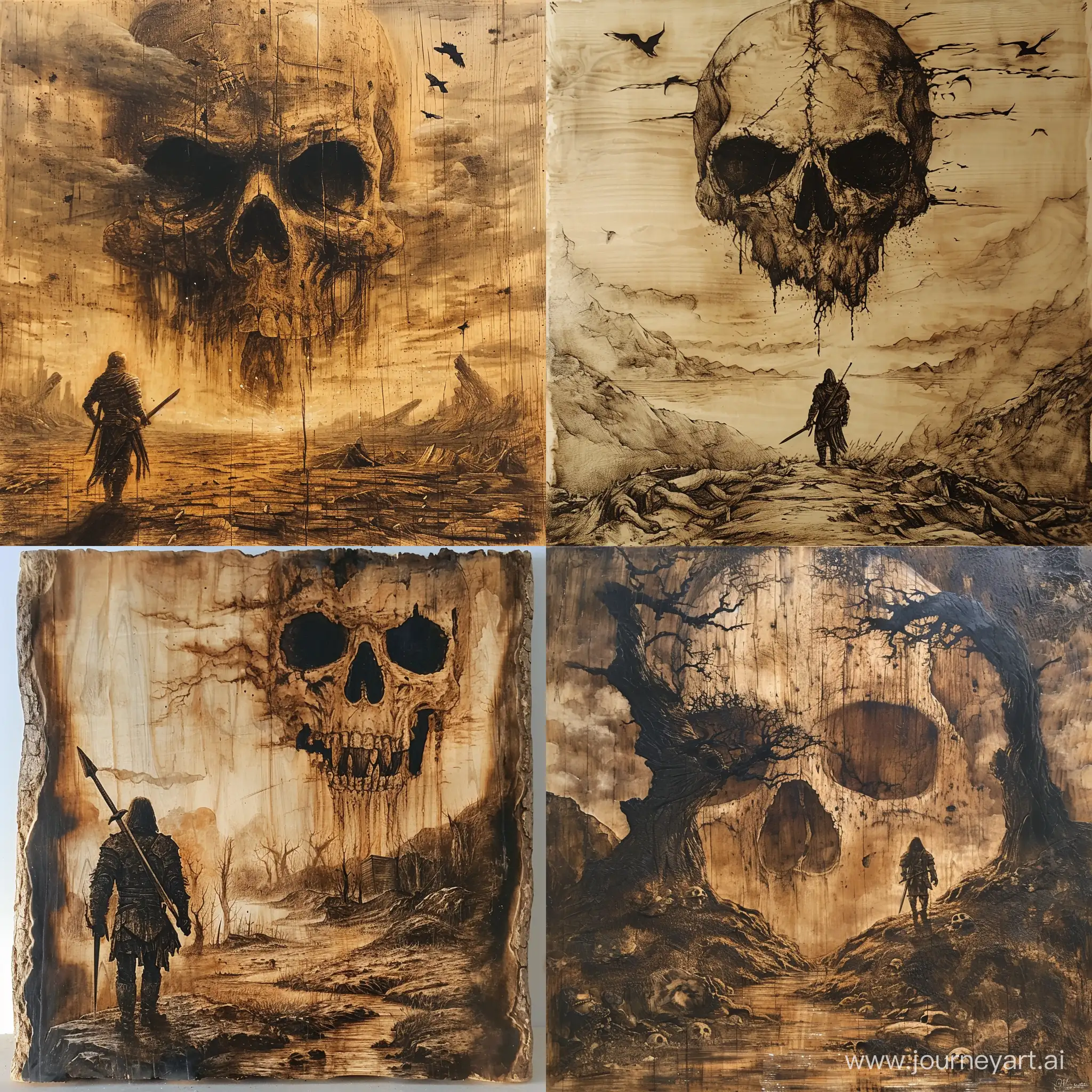 Pyrography, ::1.5. a warrior stands in a desolate land with a giant skull looming above them. The warrior is equipped with a sword and shield, there is a skull with glowing eyes in the background. The scene is set at dusk, there are crows flying around. --v 6