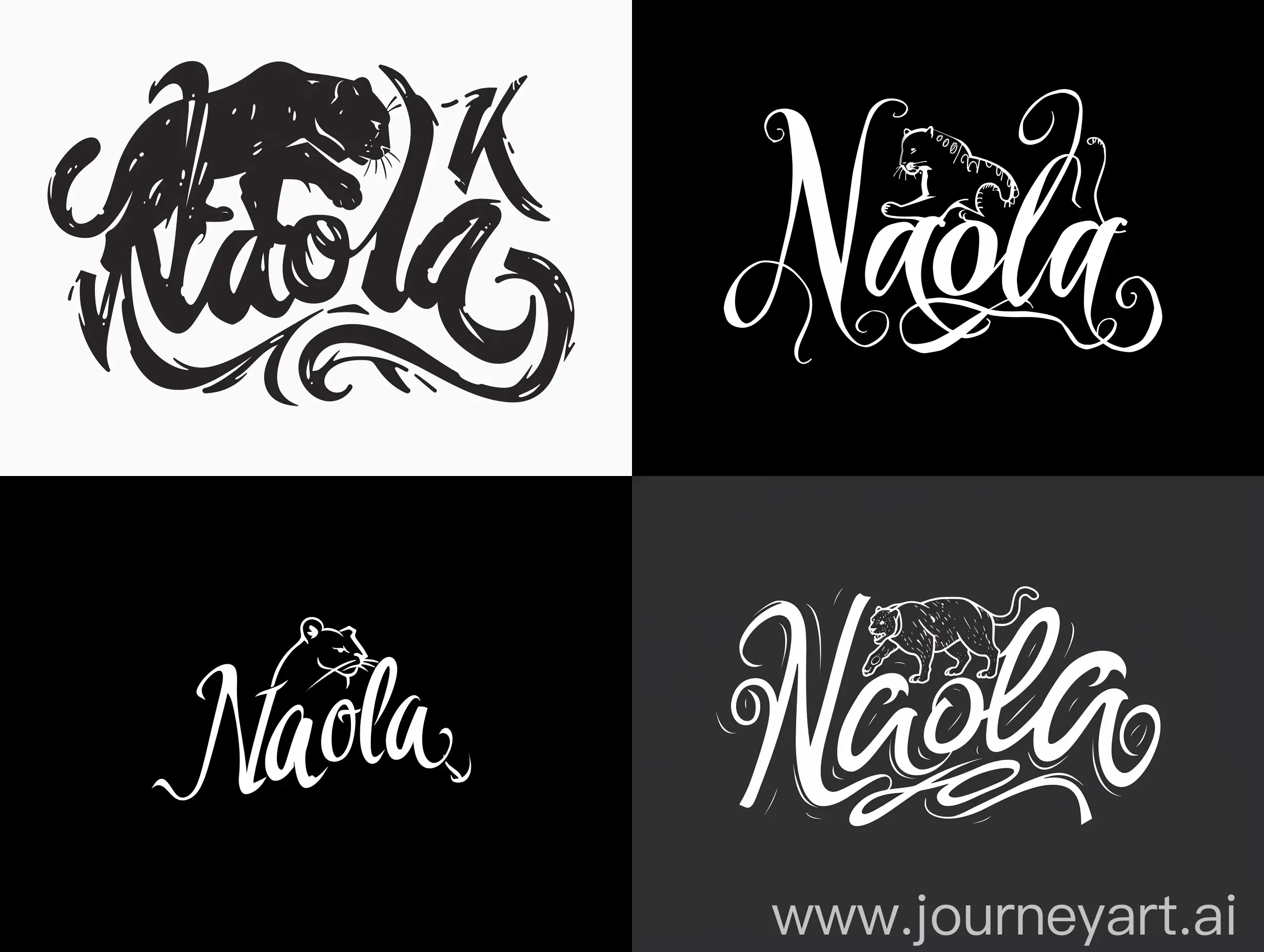 The logo is a calligraphic lettering with the inscription "Naola" and a silhouette of a panther. minimalistic logo design. 8k. Black and white colors. neat lines