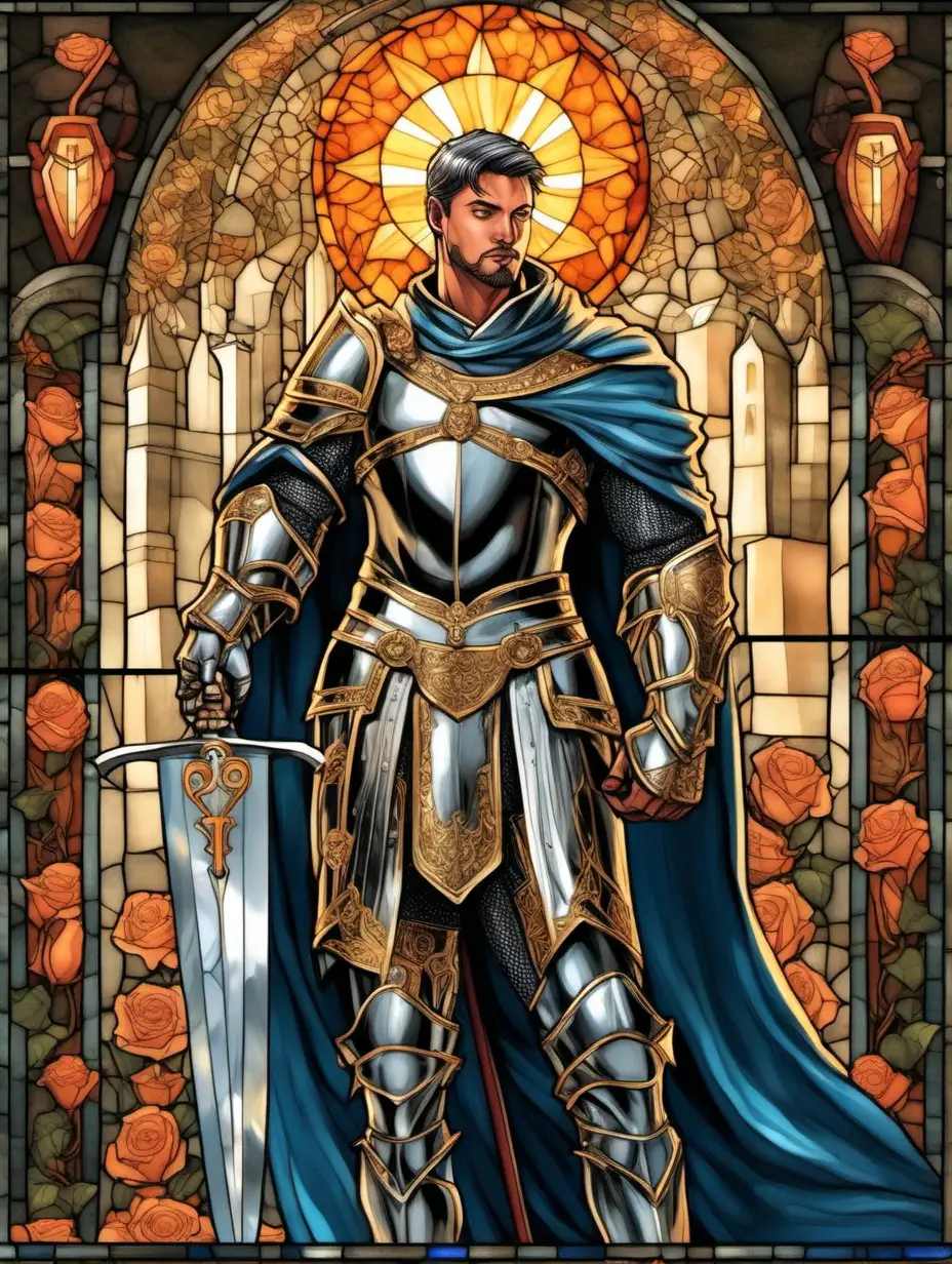 Generate a captivating image of a handsome male knight with striking aquamarine eyes, short navy hair, glasses, stubbles and a goatee. Illustrate him as muscular, oiled up, and glistening, shirtless, adorned with a silver necklace, gauntlets, and leg armor decorated with orange details. Pose him in the style of the world-famous David statue, surrounded by a glowing aura. Place him in a setting with roses, a church, and stained glass, capturing an overall sense of grace and elegance