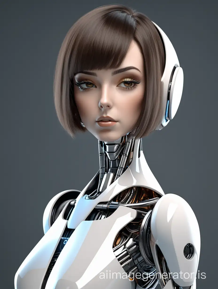 3D, robot woman in futuristic style, brunette with short bob