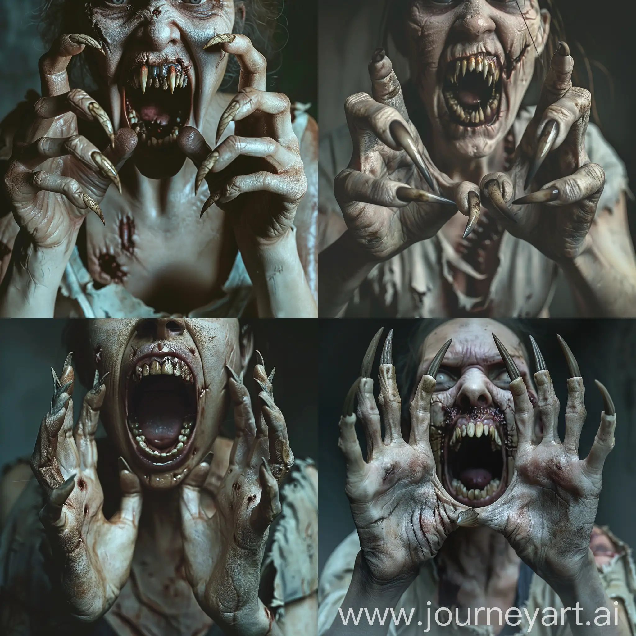 A disturbing and horrifying sight of a photorealistic zombie woman with overgrown nails like sharp claws protruding from her two hands, each adorned with five fingers. Her mouth is wide open, revealing a terrifying display of crooked and terrible teeth that resemble the fangs of a predator. Her skin has a pale, grayish tint and is marred by lesions and scratches. The zombie woman is dressed in tattered and torn clothes that hang loosely off her emaciated body, hyper-realism, cinematic, high detail, photo detailing, high quality, photorealistic, terrifying, aggressive, sharp fangs, dark atmosphere, realistic, detailed nails, horror, atmospheric lighting, full anatomical. human hands, very clear without flaws with five fingers