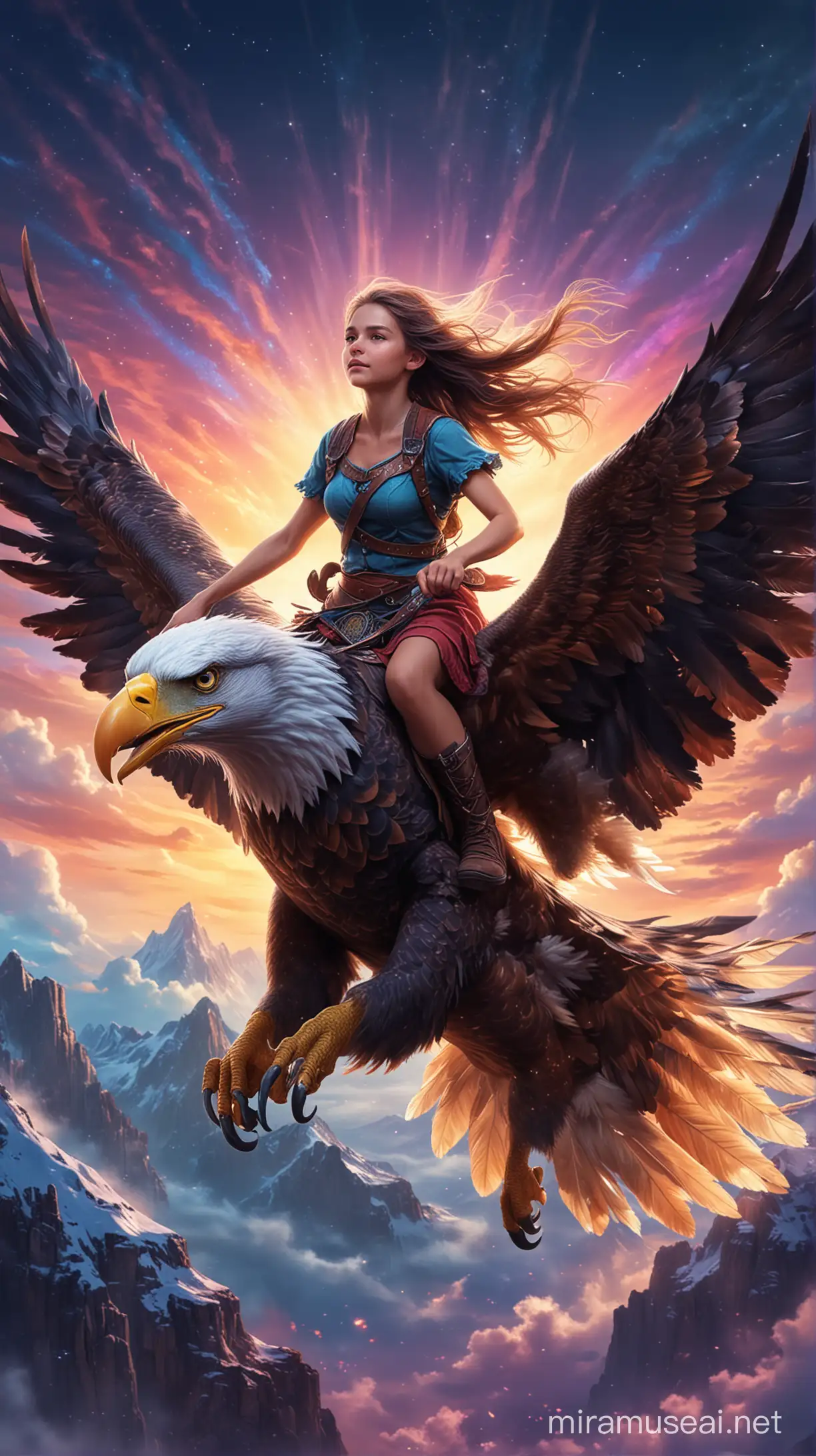 女孩骑在飞翔的雄鹰上，魔幻色彩