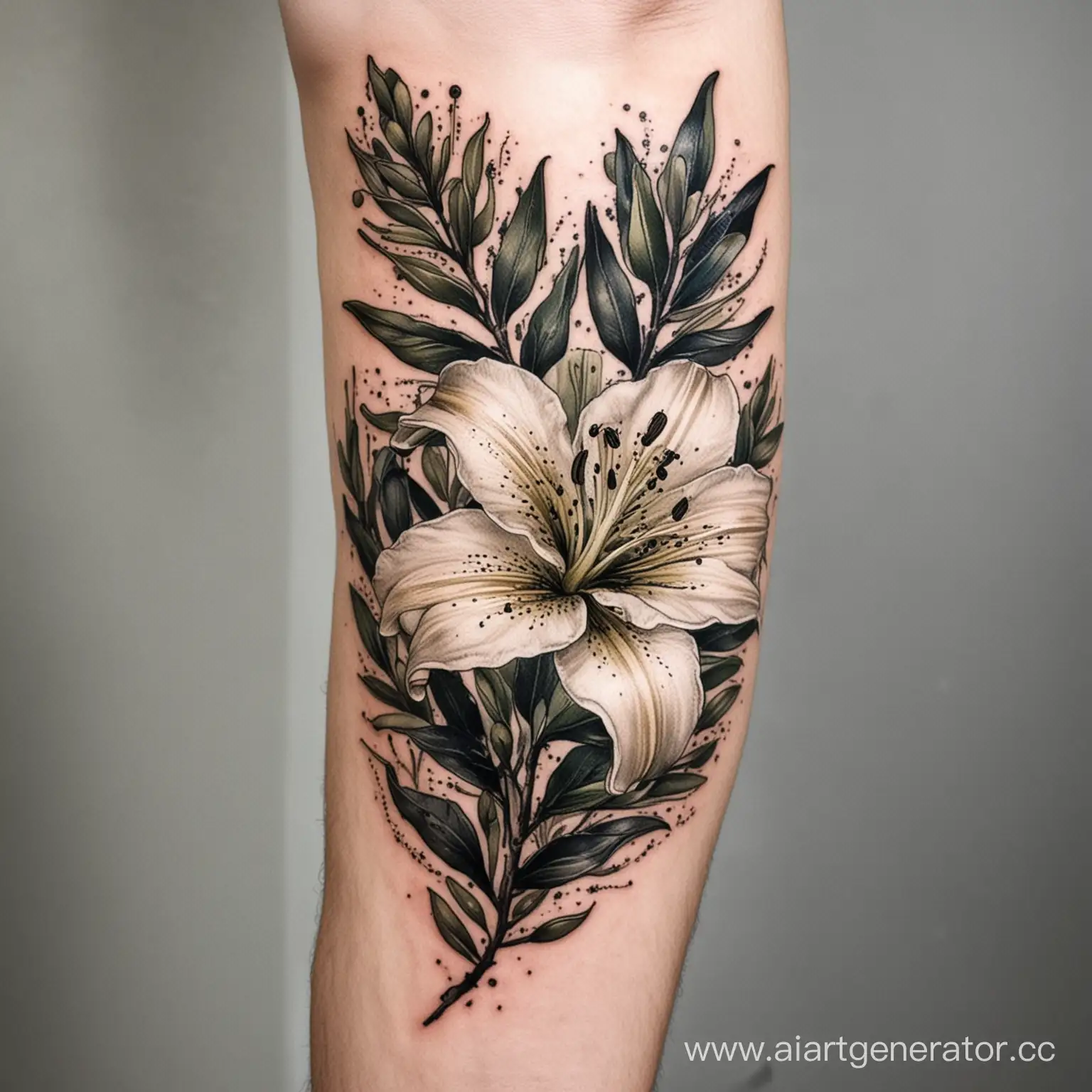 Masculine-Tattoo-Design-with-Olive-Branch-and-Lily-Flower