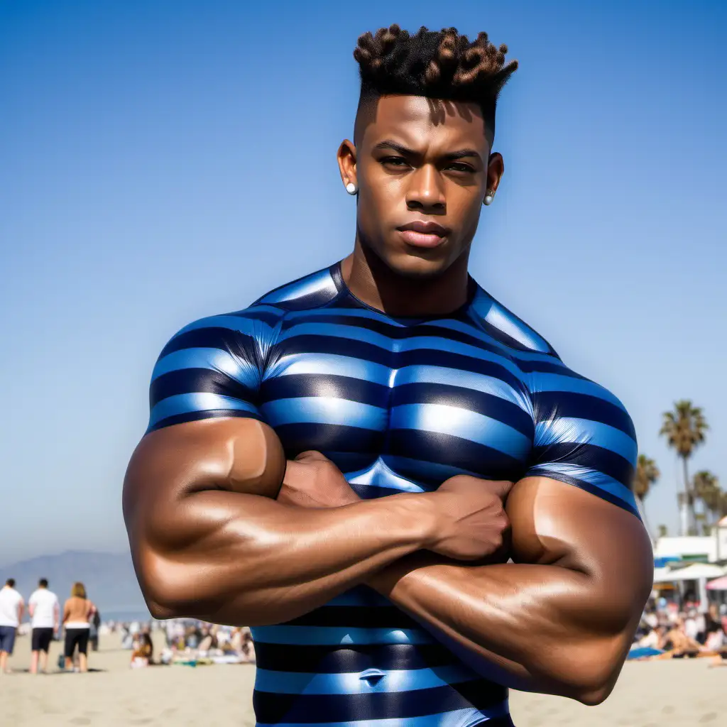 large muscular young man with four muscular arms, brown skin, brown hair quiff, earring, navy blue pacific blue skintight horizontal striped costume, Los Angeles Venice beach, day