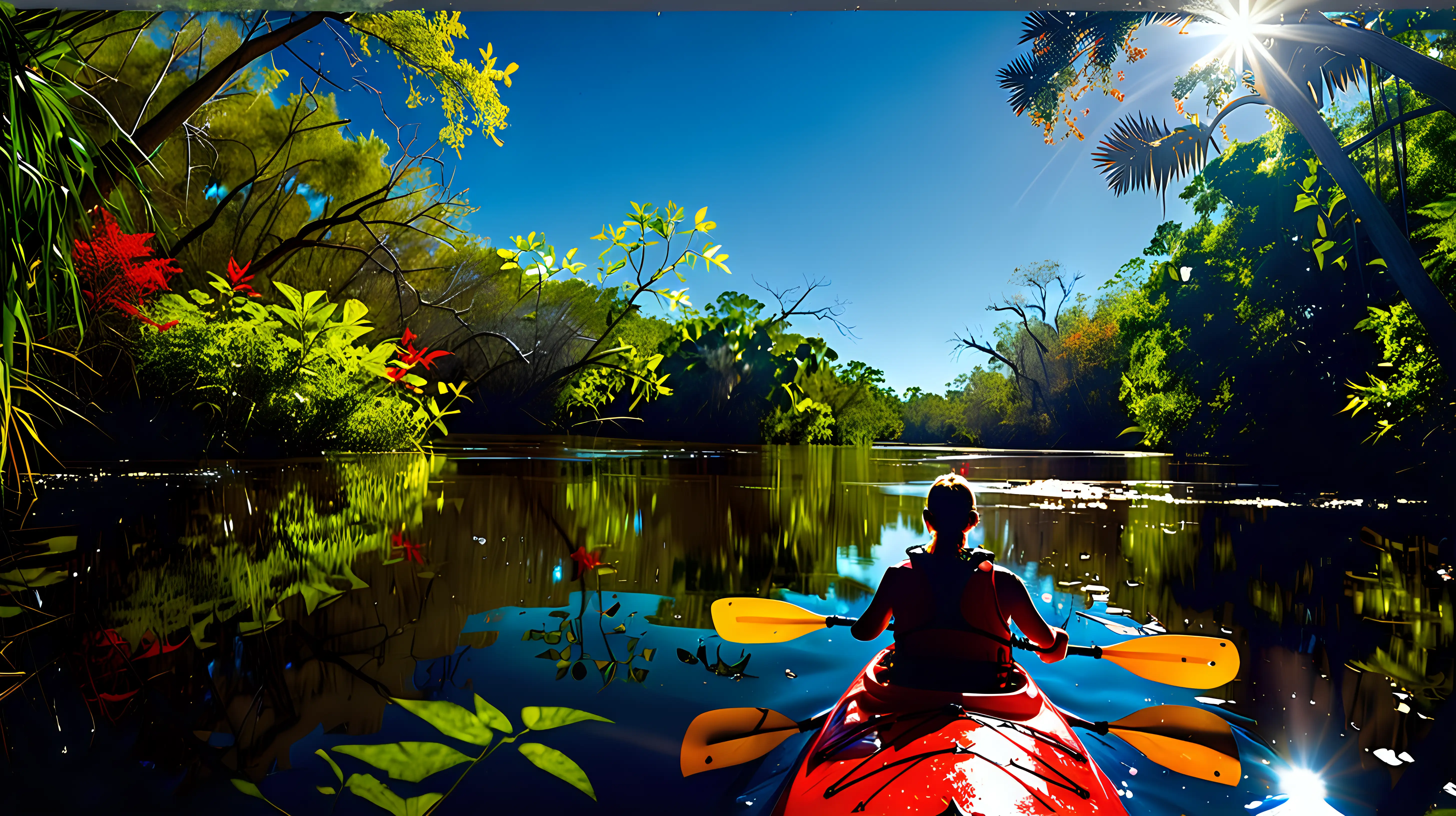 /imagine prompt: A person in a red kayak navigating the gentle currents of the Santa Fe River in Florida. The scene is alive with vibrant greenery of the riverbanks and the clear blue sky above. The sunlight filters through the canopy, casting dappled light on the kayaker. Created Using: high-resolution photography, natural colors, dynamic composition, sunlight effects, clear blue sky, vibrant riverbank flora, serene water --ar 16:9 --v 6.0