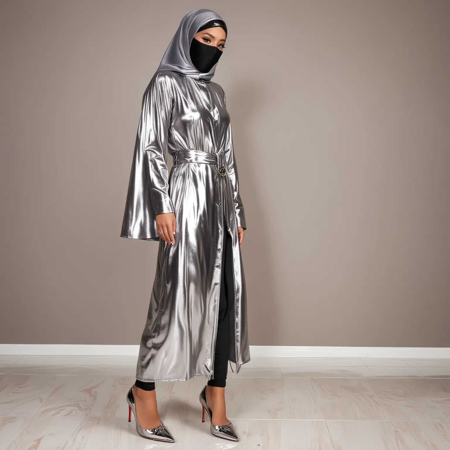 Malay Muslim lady in expensive metallic shiny abaya with a shiny niqab covering her face and Louboutin So-Kate heels